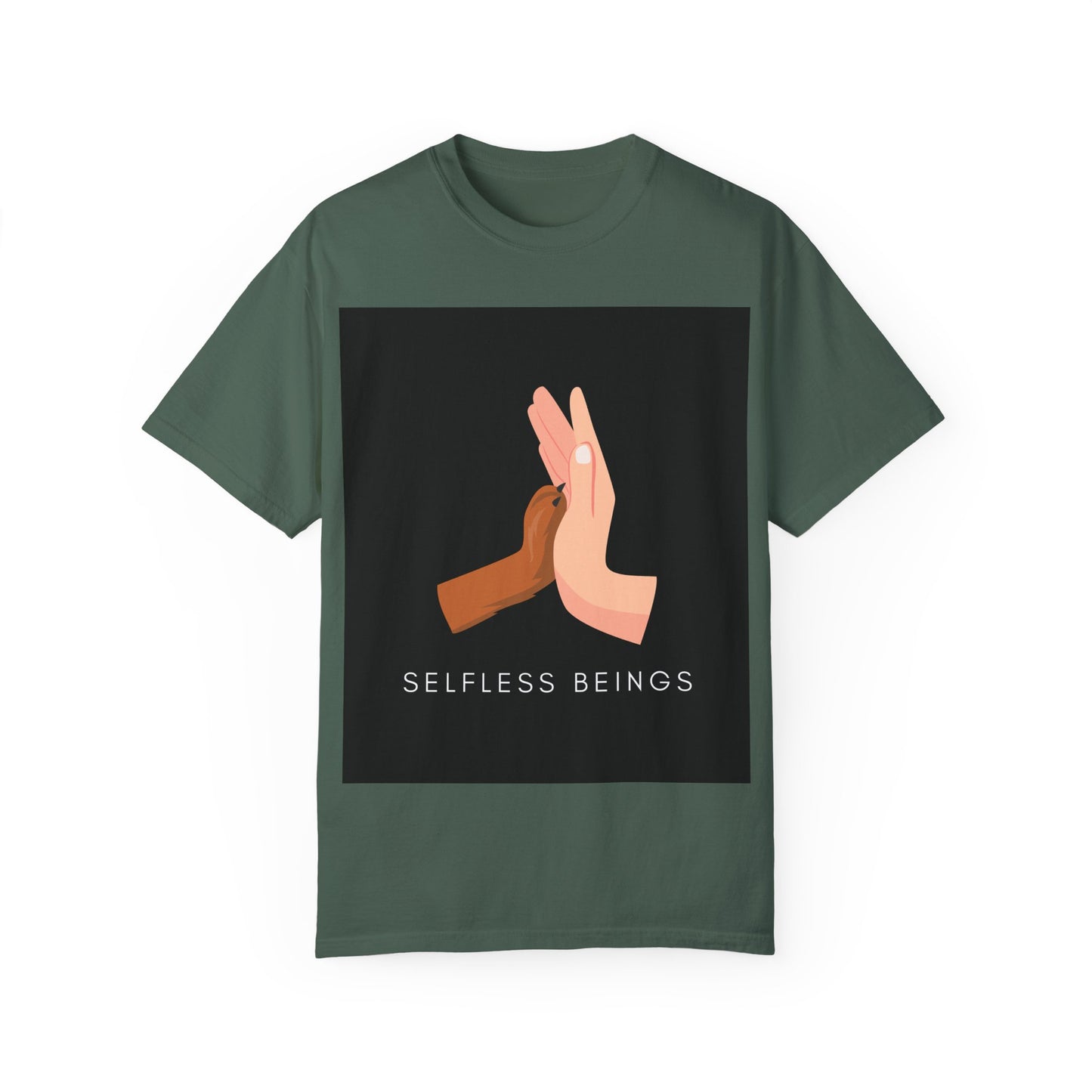 Unisex Dog Lover T-Shirt With Graphic of Human Hand Touching Dog's Paw and Selfless Beings Caption Below