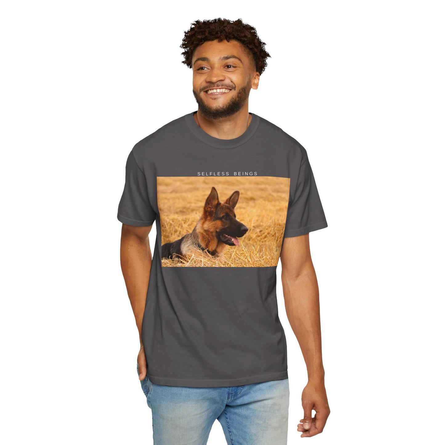 Unisex Dog Lover T-Shirt With a German Shepherd Relaxing on the Long Dry Grass and Caption Selfless Beings