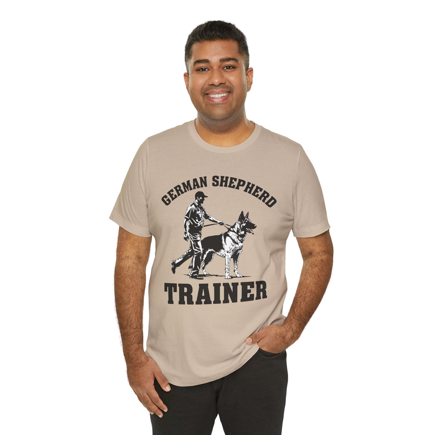 German Shepherd Trainer Tee - Black and White Design of Man Holding a German Shepherd
