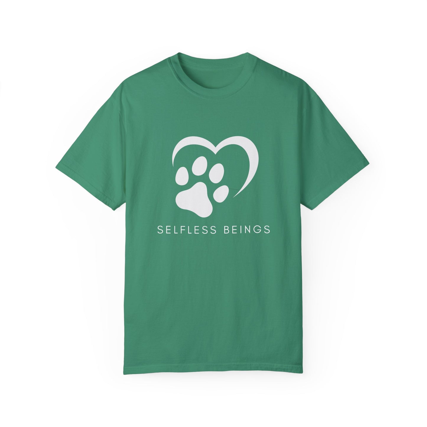 Unisex Dog Lover T-Shirt With Graphic of Half Heart and Dog Paw Print and Caption Selfless Beings Below