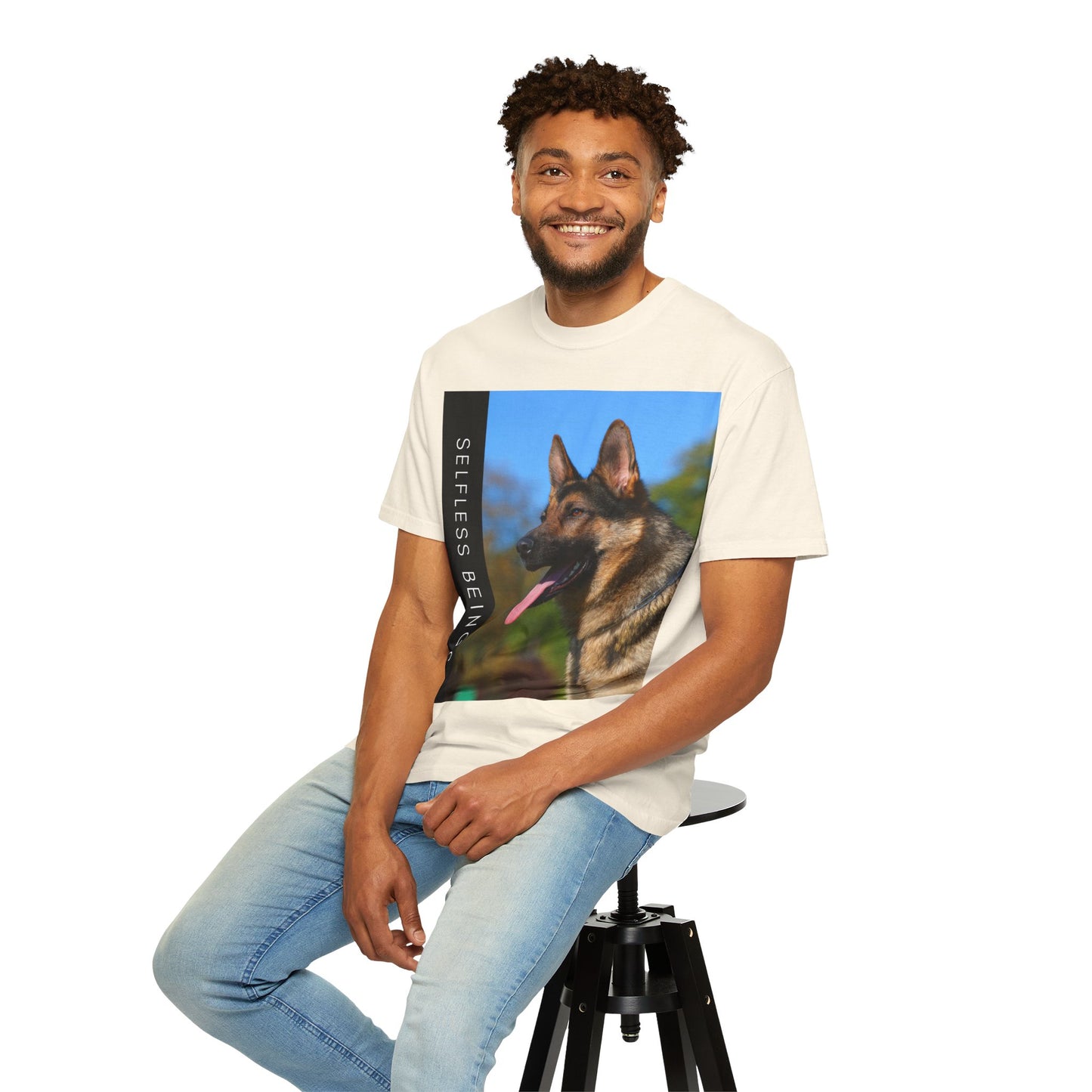 Unisex Dog Lover T-Shirt With a Portrait of a German Shepherd Over Nature Background and Caption Selfless Beings