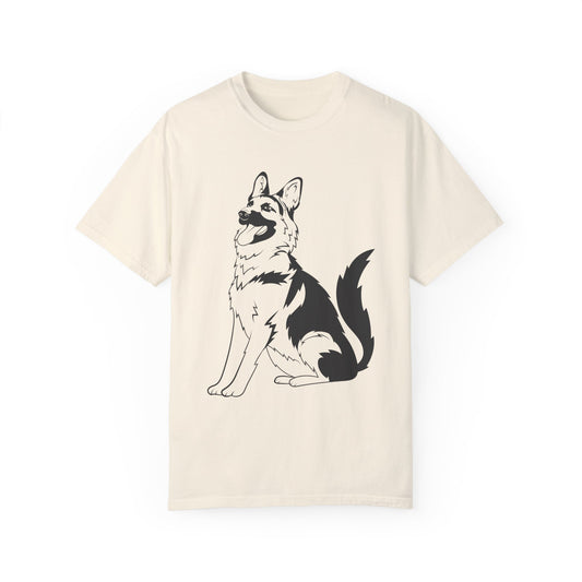 Unisex Dog Lover T-Shirt With a Graphic of Black and Transparent German Shepherd Sloppily Sitting