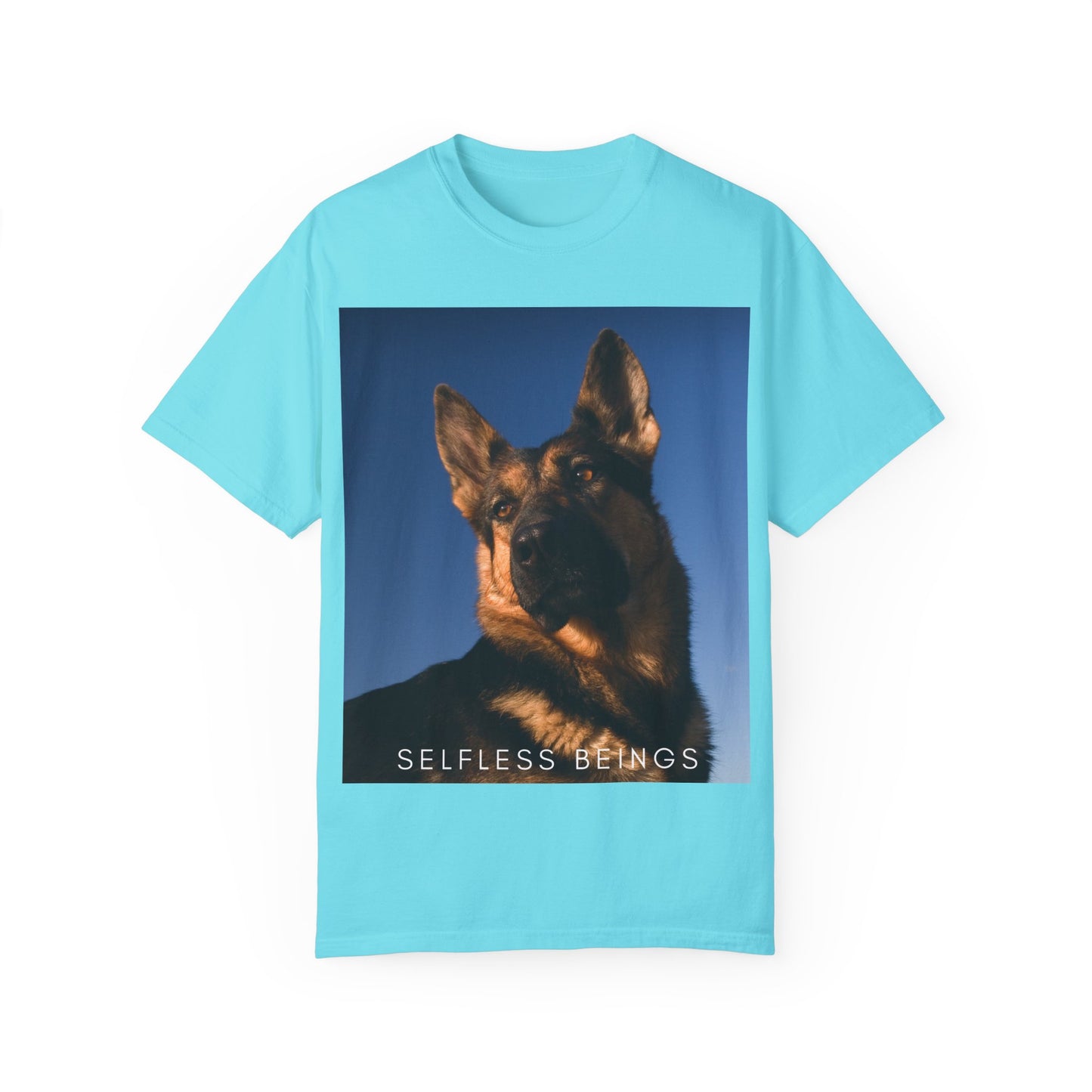 Unisex Dog Lover T-shirt With Close Up Portrait of Giant German Shepherd Turning His Head and Caption Selfless Beings