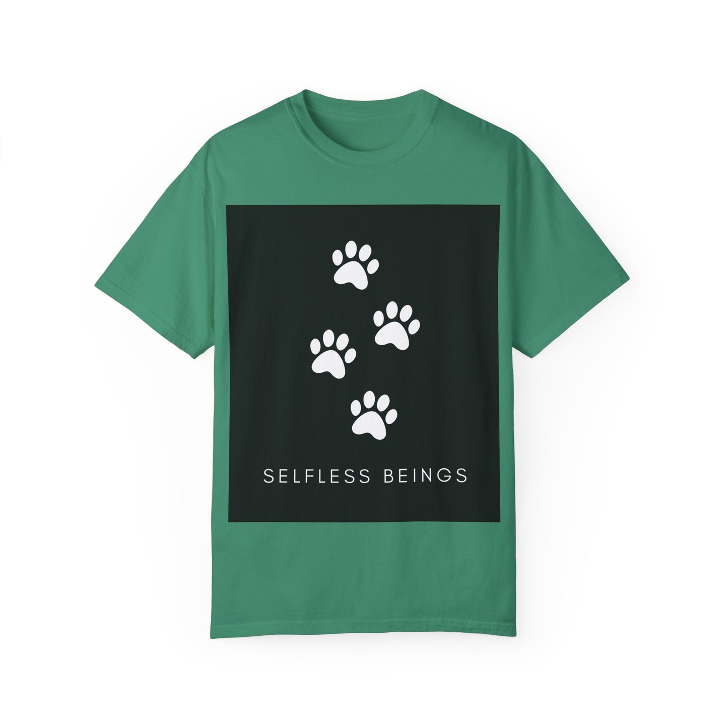 Unisex Dog Lover T-Shirt With 4 White Paw Prints and Caption Selfless Beings