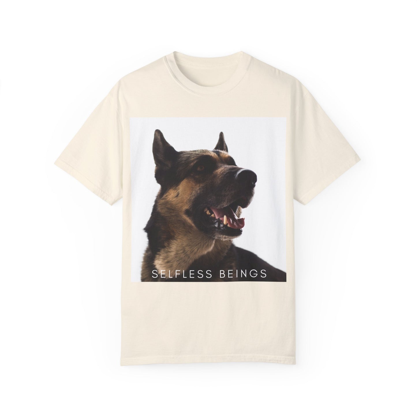 Unisex Dog Lover T-Shirt With Close Up of Large German Shepherd Turning His Face and Caption Selfless Beings