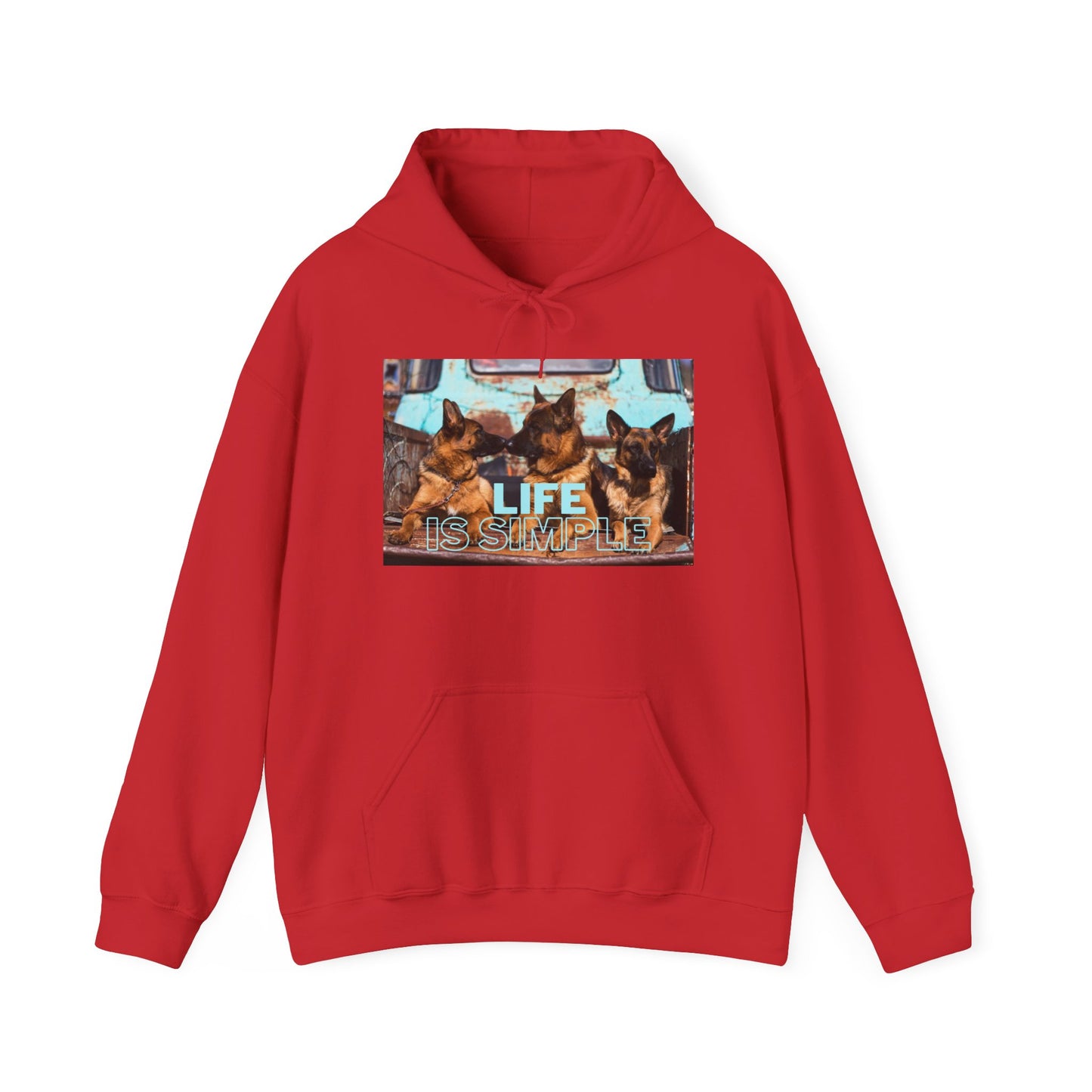 Unisex Dog Lover Hoodie With Three German Shepherds Sitting on the Truck's Cargo Bed and Caption Life is Simple