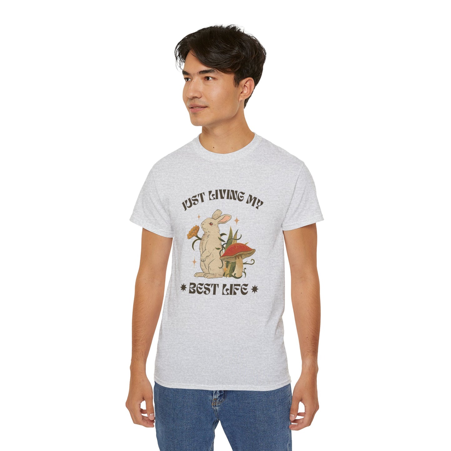 Unisex Ultra Cotton Tee - Just Living My Best Life Bunny Design, Cute Rabbit Shirt, Gift for Animal Lovers, Spring Fashion