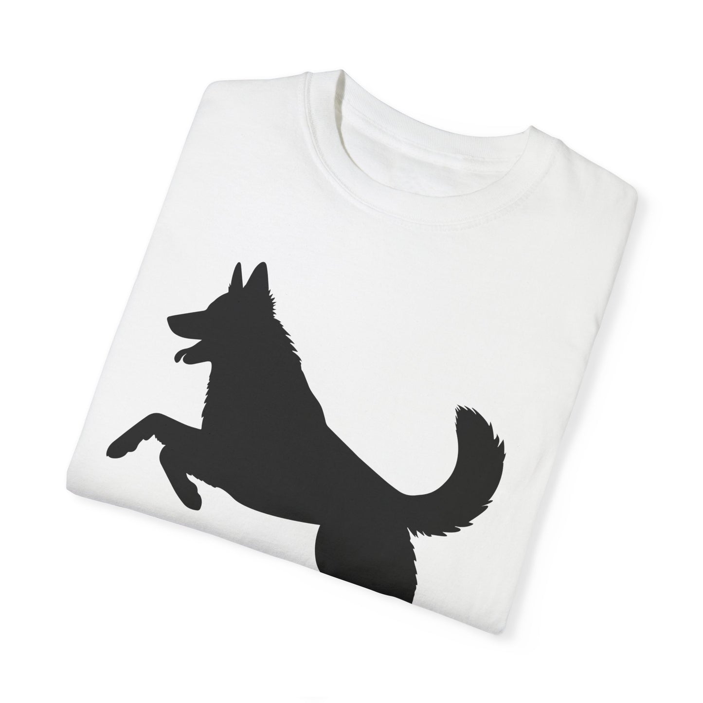 Unisex Dog Lover T-Shirt With a Graphic of Solid Black German Shepherd Jumping in the Air