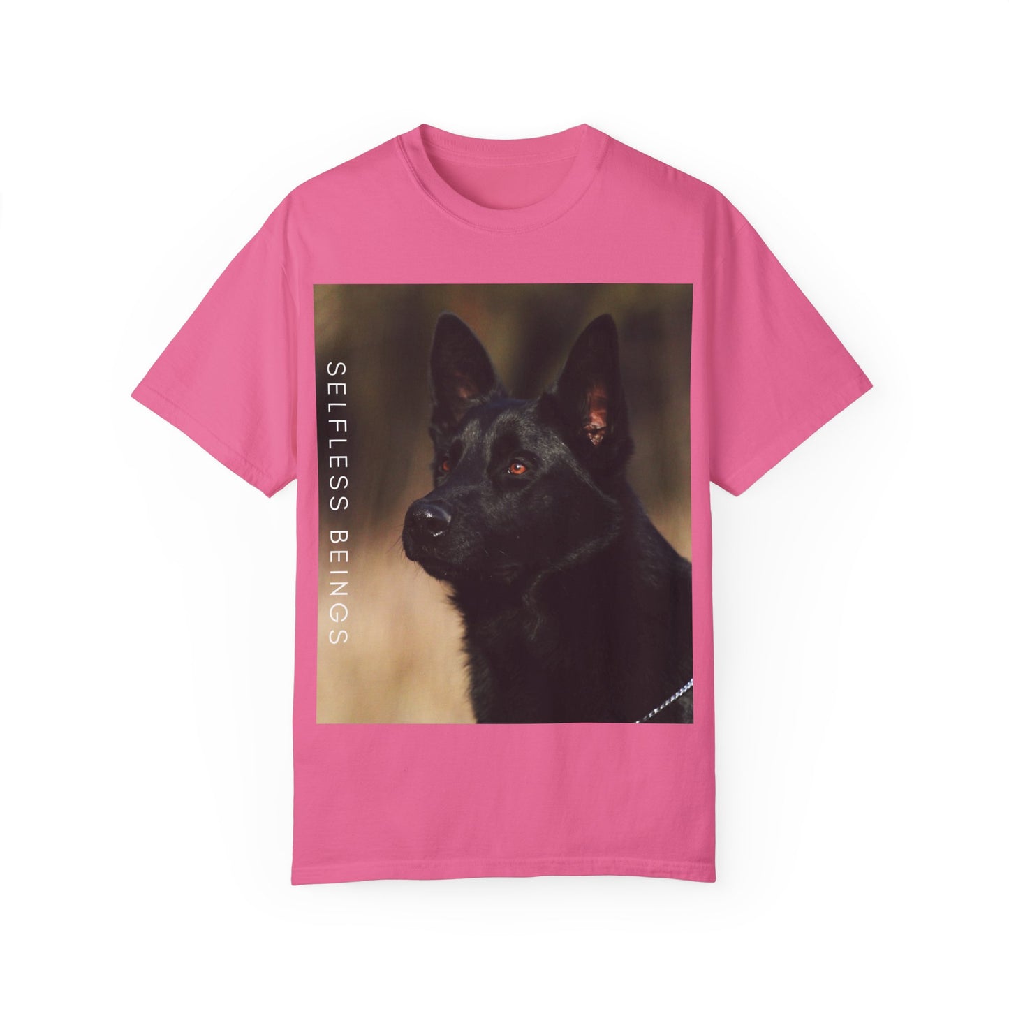 Unisex Dog Lover T-Shirt With Close Up of Serious Looking Solid Black German Shepherd and Caption Selfless Beings