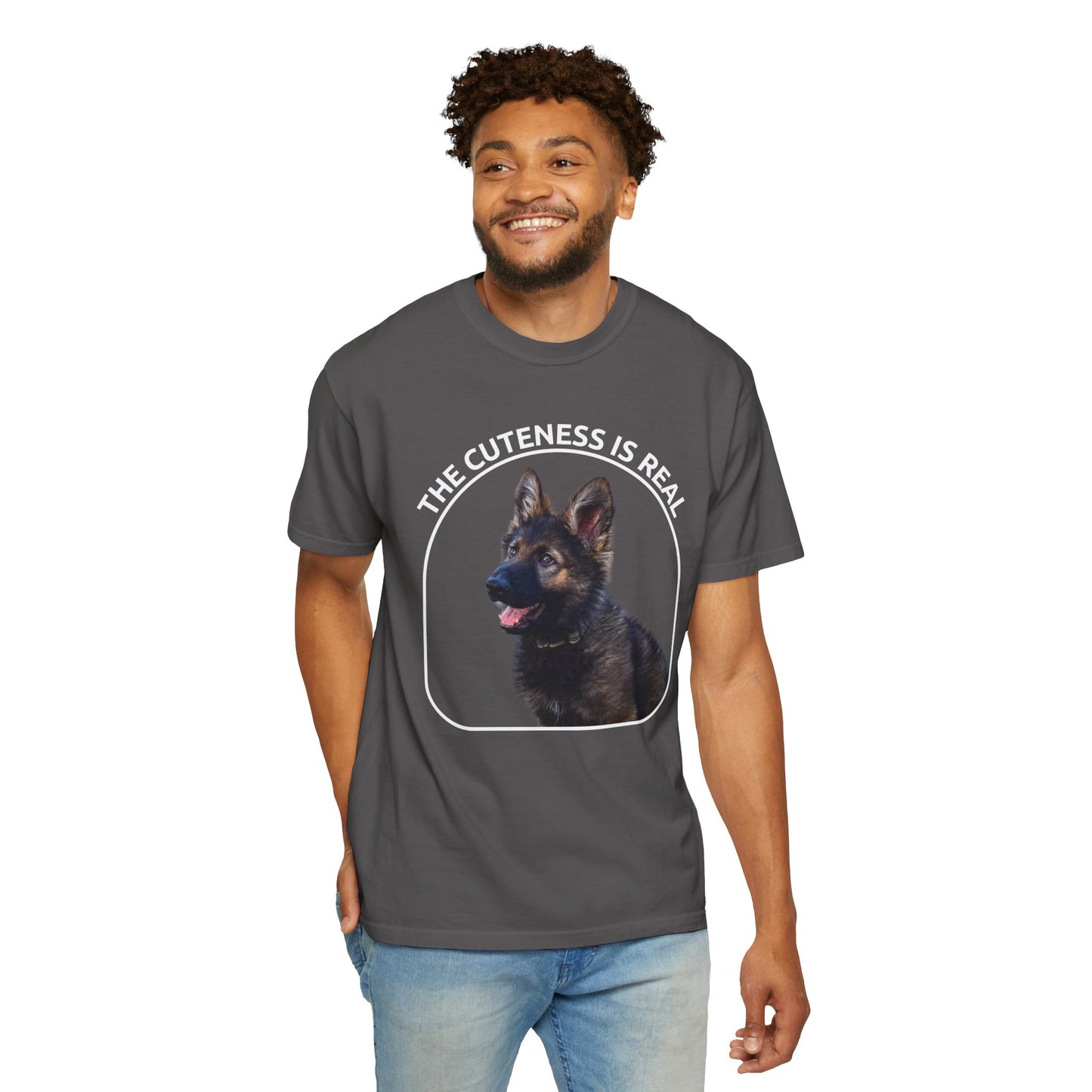 Unisex Dog Lover's T-Shirt With German Shepherd Puppy Sloppily Sitting and Caption The Cuteness Is Real