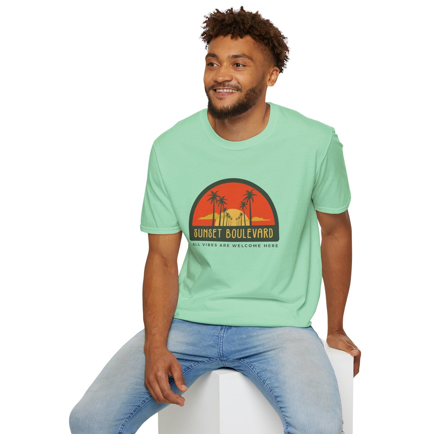 Sunset Boulevard Unisex Softstyle T-Shirt, Retro Beach Tee, Vacation Shirt, Summer Apparel, Travel Gift