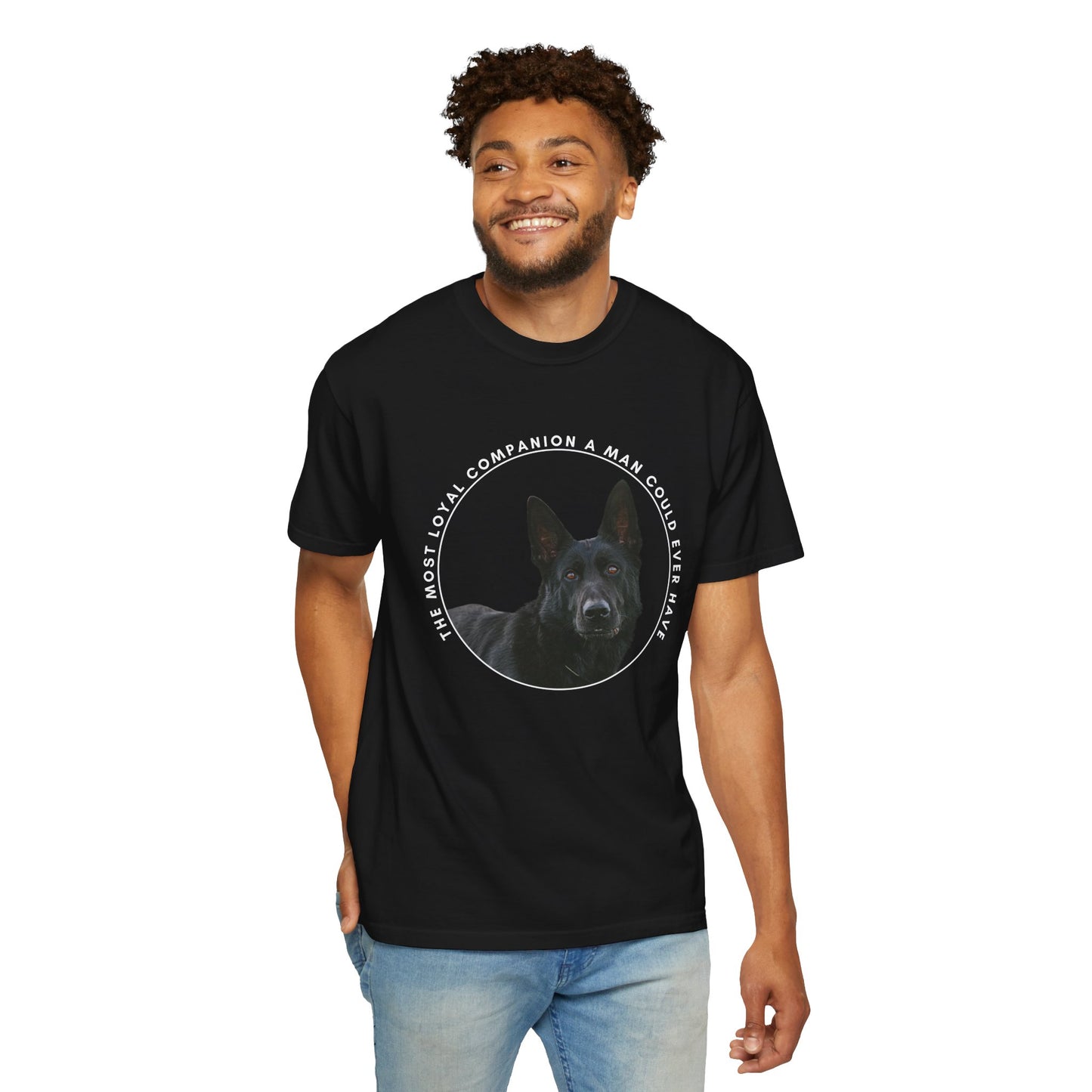 Unisex Dog Lover's T-Shirt With DDR German Shepherd and Quote The Most Loyal Companion a Man Could Ever Have