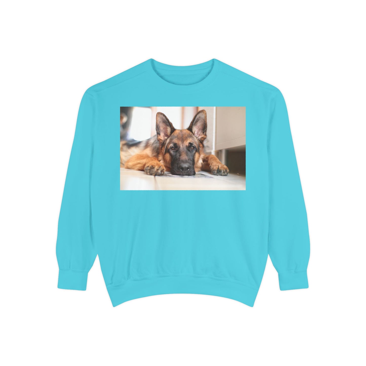 Unisex Dog Lover Sweatshirt With a German Shepherd Lying His Head on the Floor