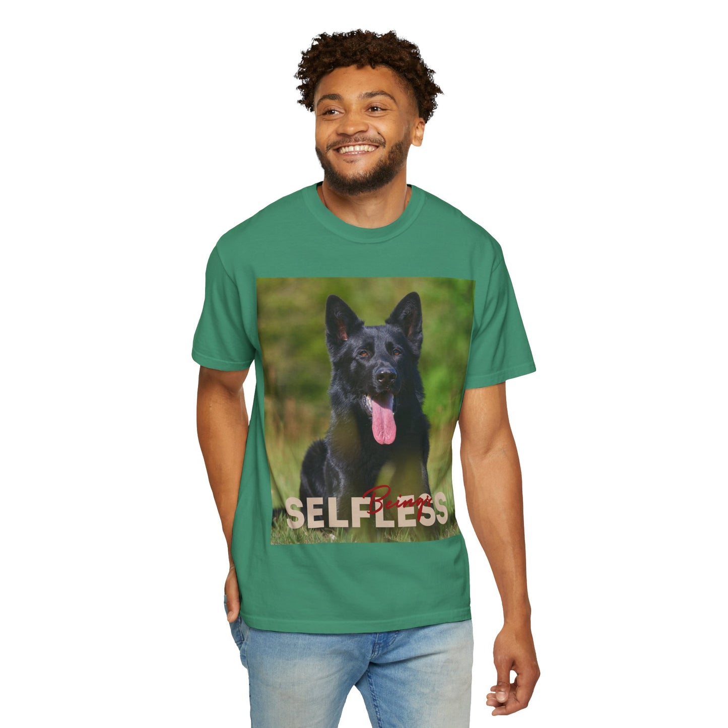 Unisex Dog Lover T-Shirt With Black German Shepherd Resting on the Grass Leaving Tongue Out and Caption Selfless Beings