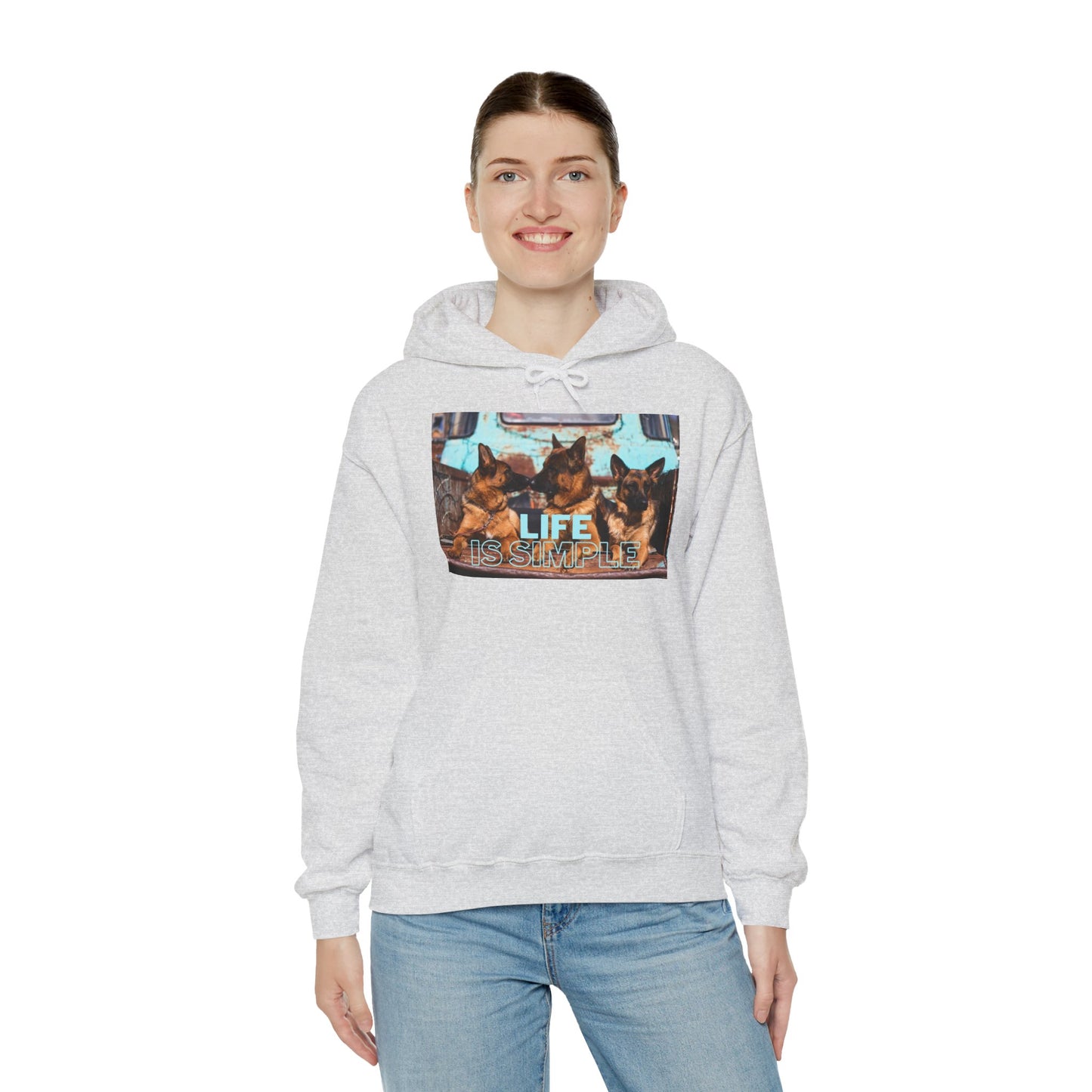 Unisex Dog Lover Hoodie With Three German Shepherds Sitting on the Truck's Cargo Bed and Caption Life is Simple
