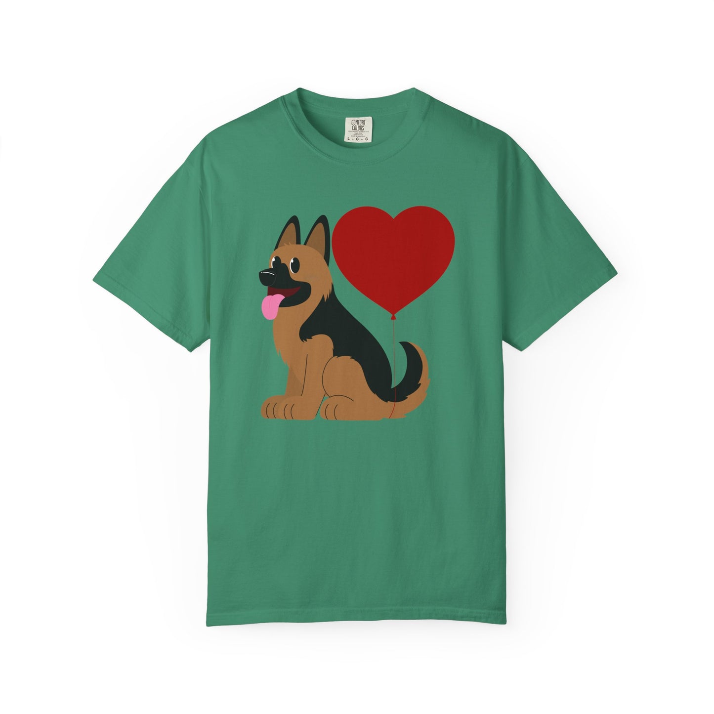 Unisex Dog Lover T-Shirt With a Graphic of German Shepherd Puppy and Heart Shaped Balloon Attached With Tail