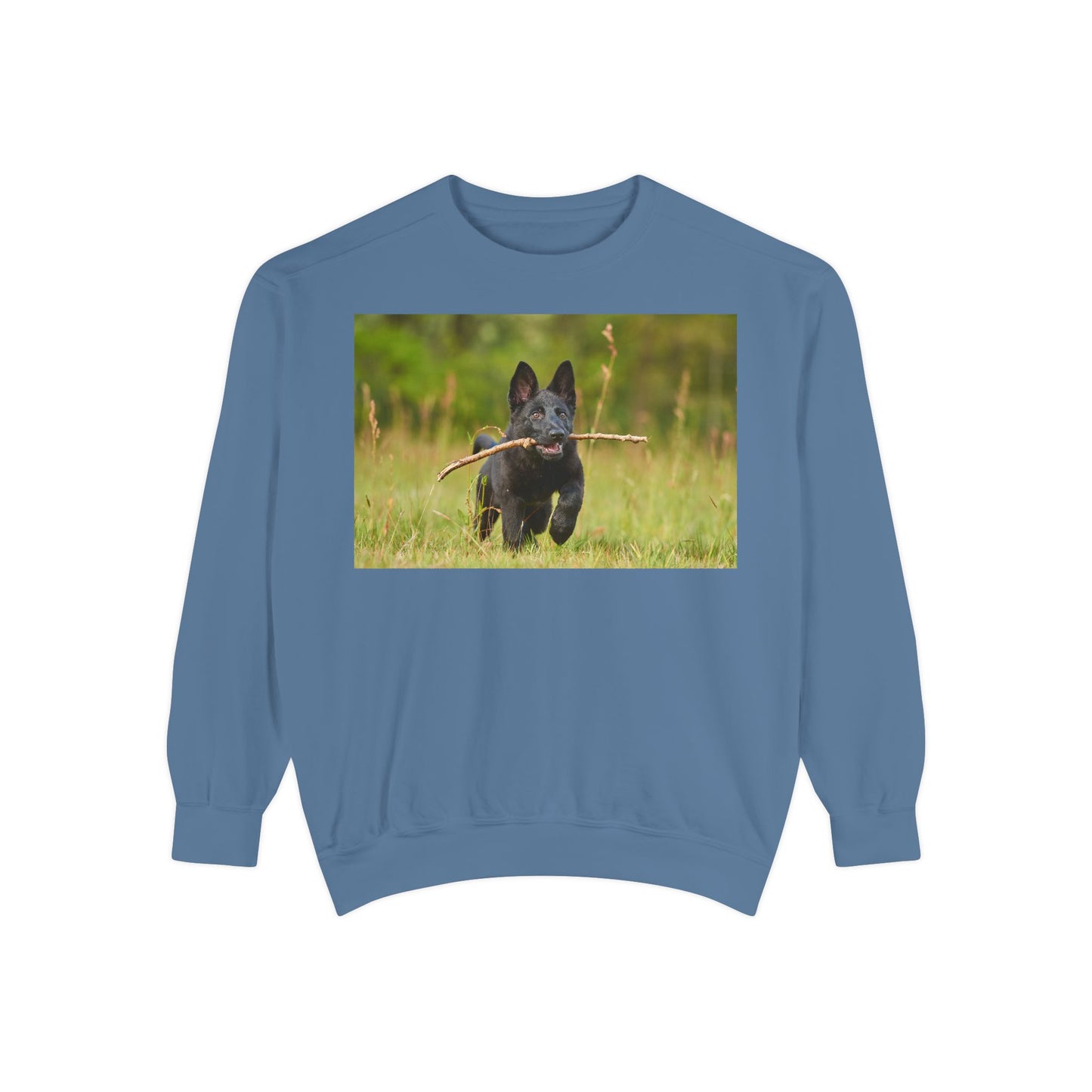 Unisex Dog Lover Sweatshirt With Black German Shepherd Puppy Running on the Grass Holding a Stick in the Mouth