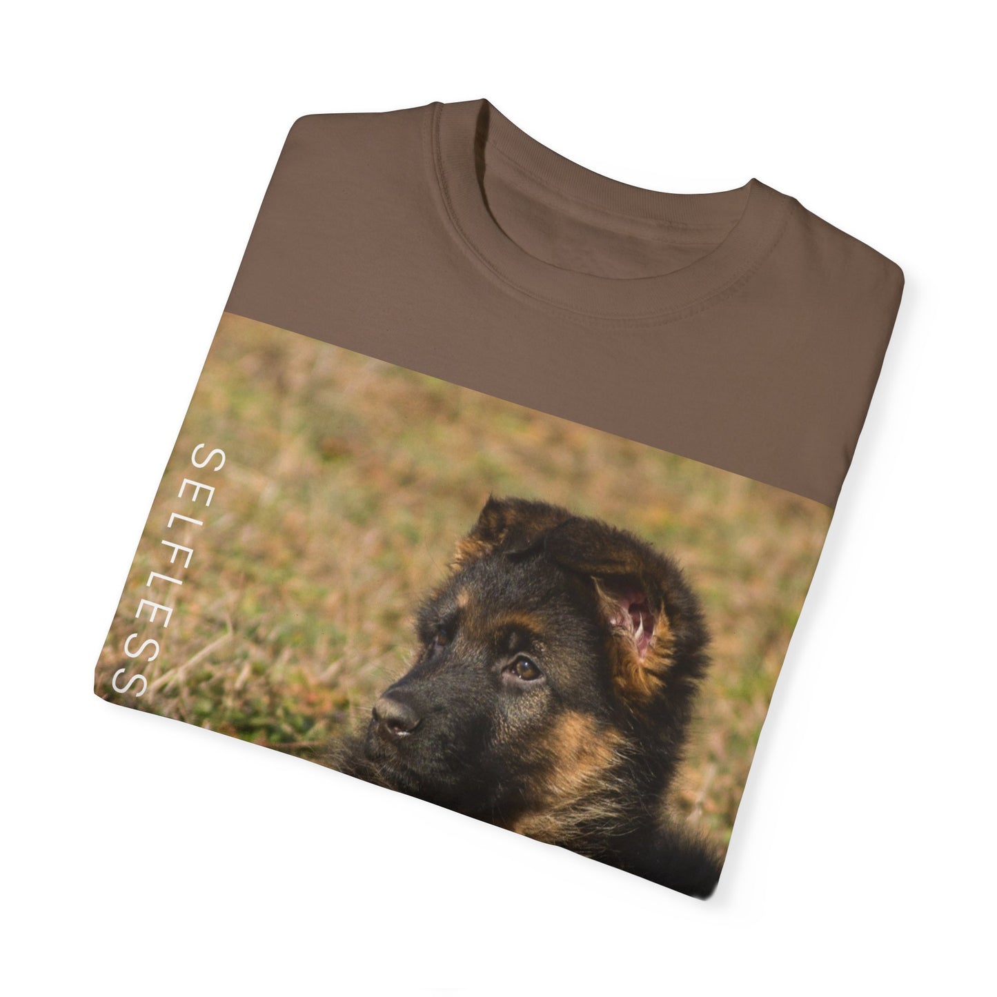 Unisex Dog Lover T-Shirt With Beautiful German Shepherd Puppy Resting On the Grass and Caption Selfless Beings