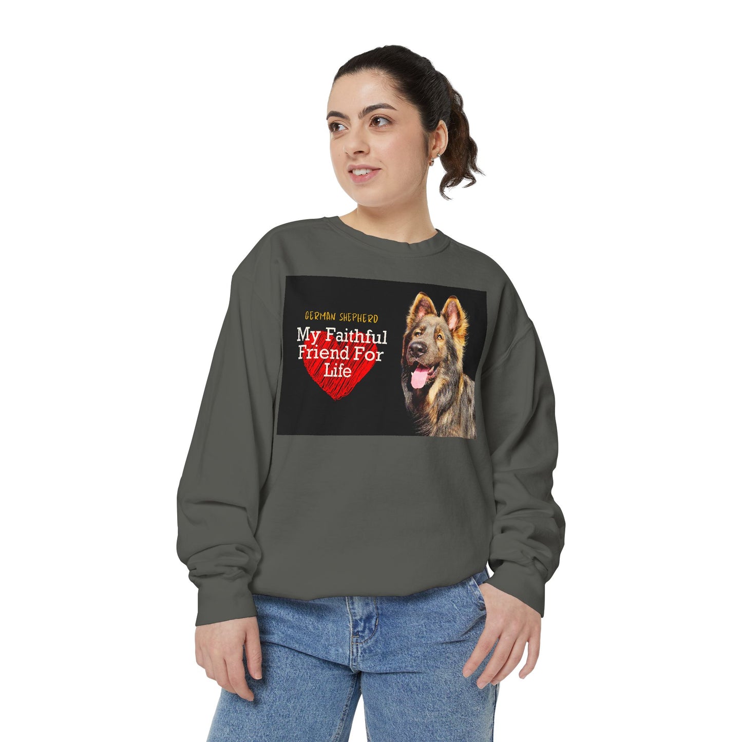 Unisex Dog Lover Sweatshirt With a Giant Old-Fashioned German Shepherd and Caption Faithful Friend on Top of Red Heart