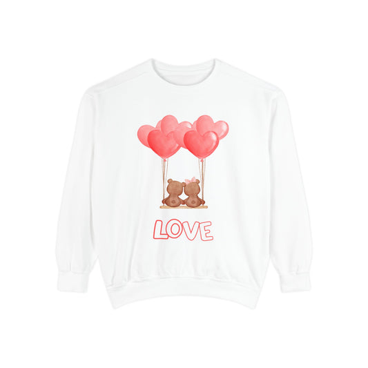 Unisex Valentine's Day Sweatshirt With Two Brown Teddy Bears Holding Red Balloons and Caption Love