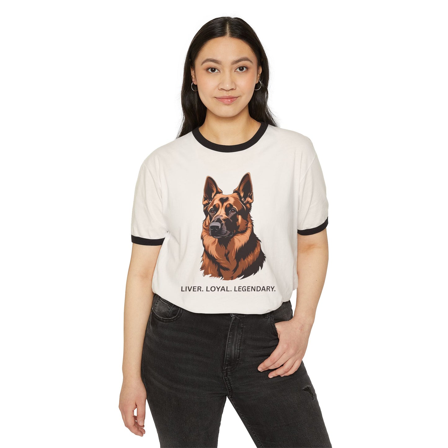Liver German Shepherd Ringer Tee - Liver Loyal Legendary, Unisex Cotton T-Shirt for Dog Lovers, Pet Owner Gift, Casual Wear, Birthday Present, Animal Enthusiast Apparel