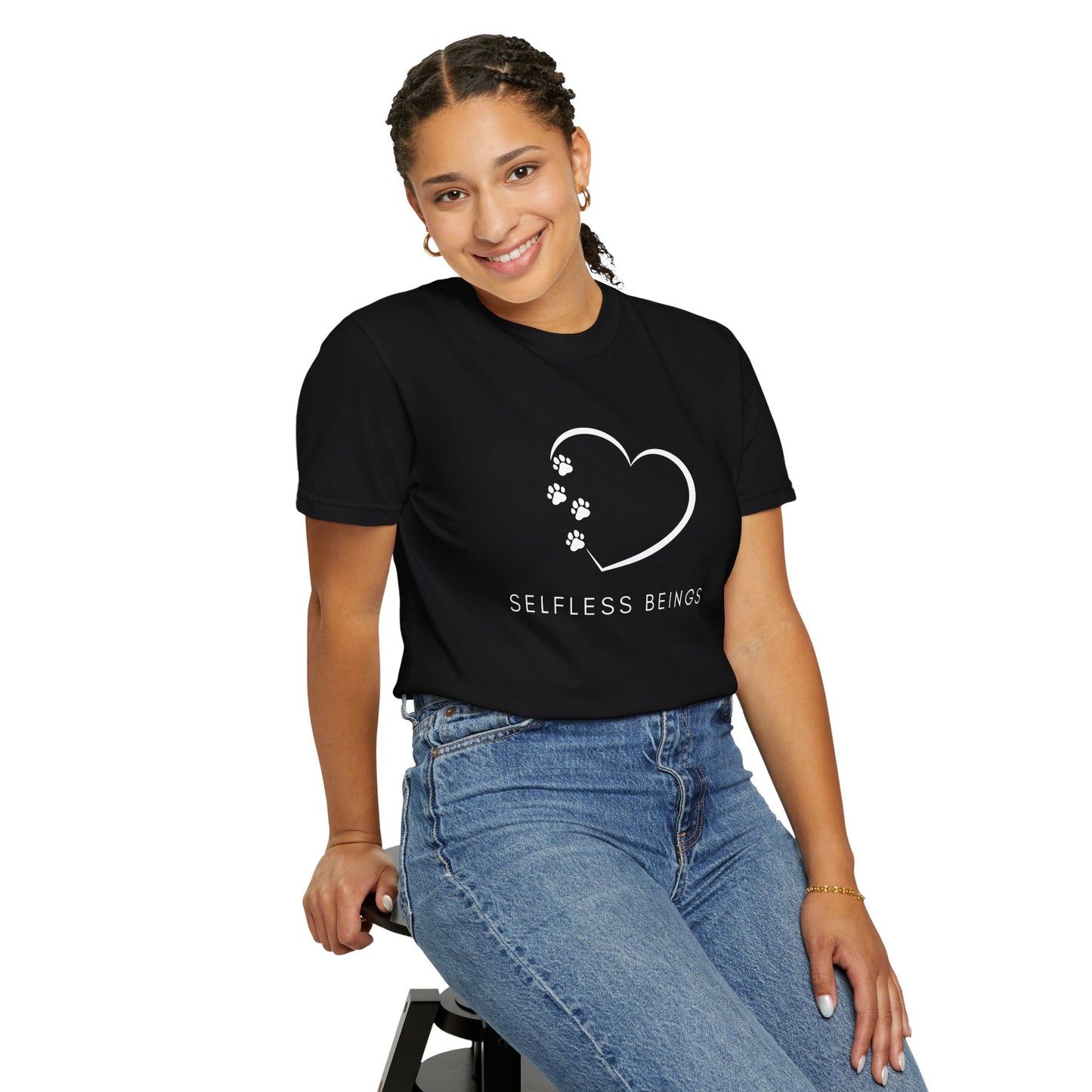 Unisex Dog Lover T-Shirt With White Tilted Heart Whose One Side is Made With Dog Paw Prints and Caption Selfless Beings