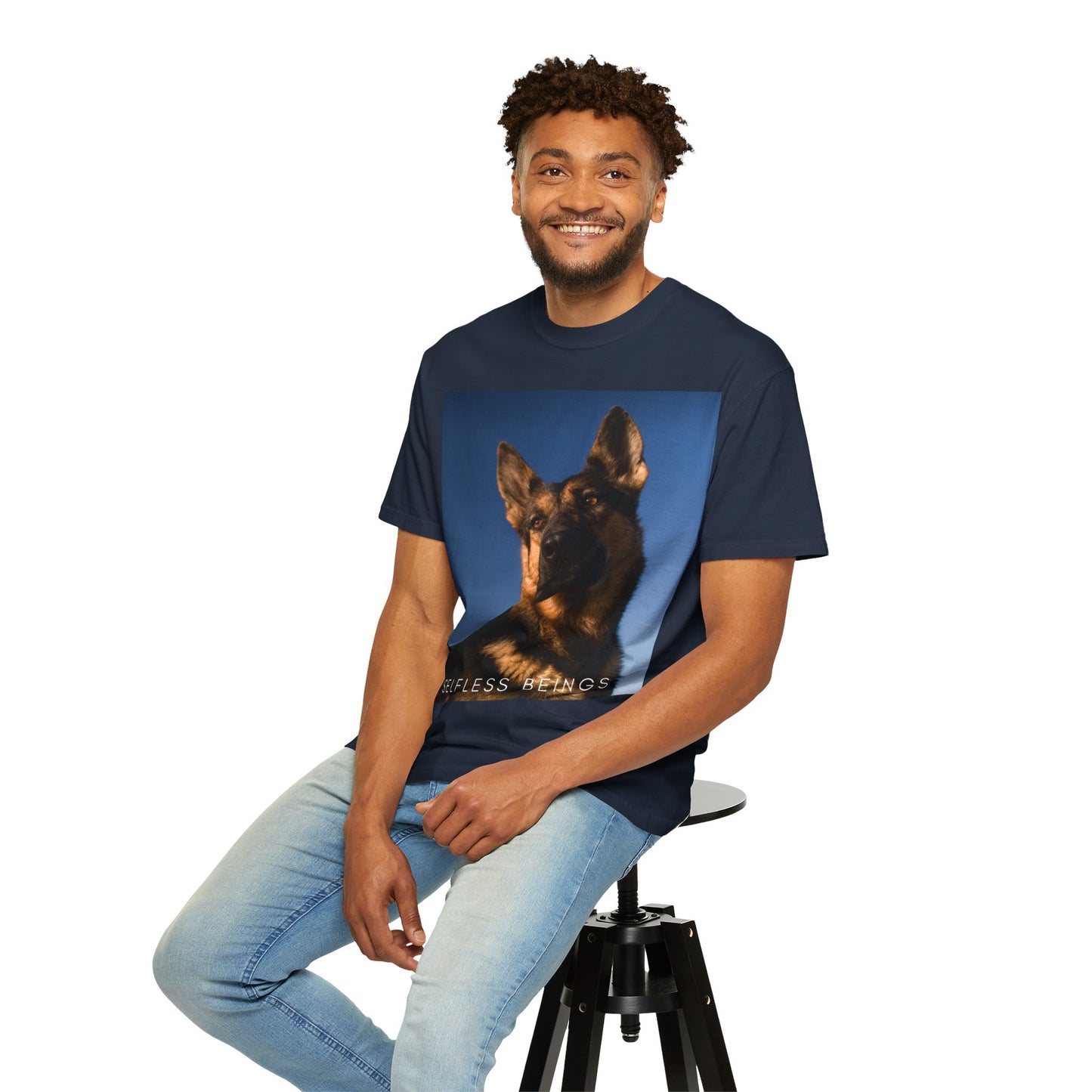 Unisex Dog Lover T-shirt With Close Up Portrait of Giant German Shepherd Turning His Head and Caption Selfless Beings