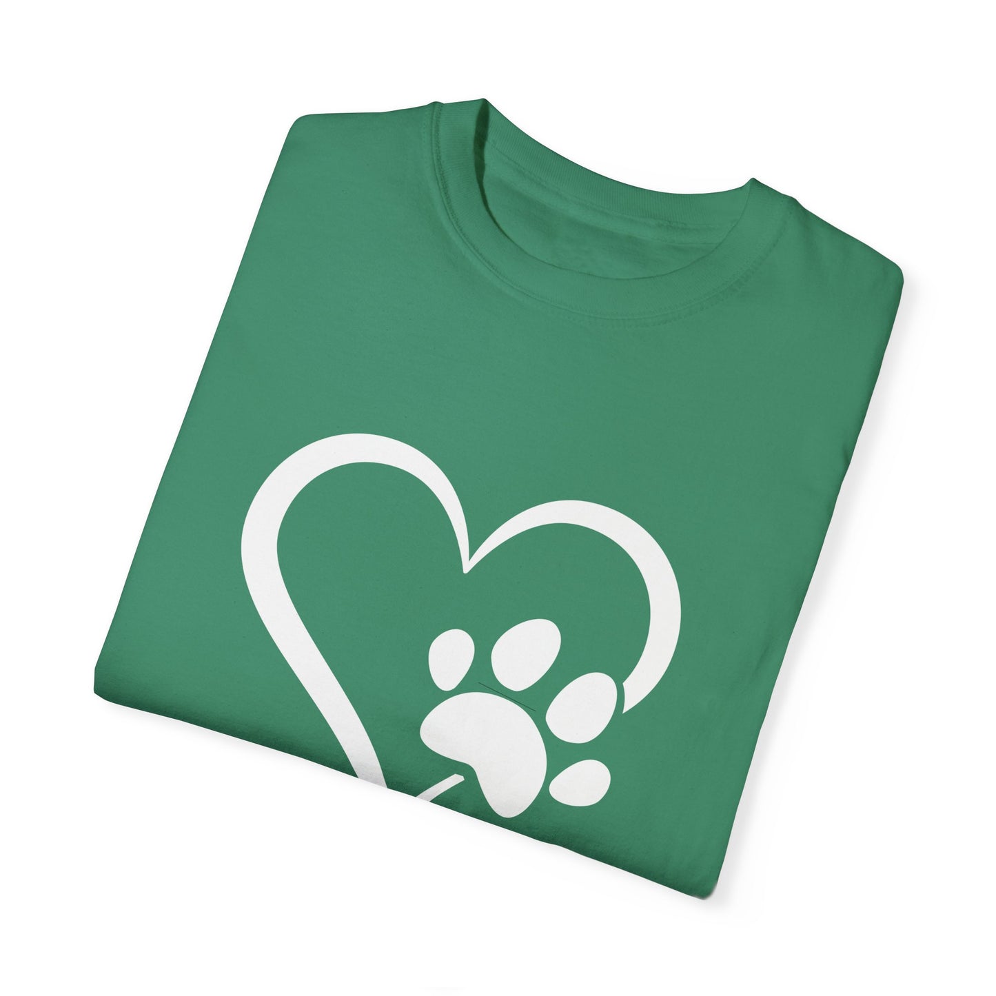 Unisex Dog Lover T-Shirt With Graphic of Heart Whose Right Side Contains Dog Paw's Print and Caption Selfless Beings