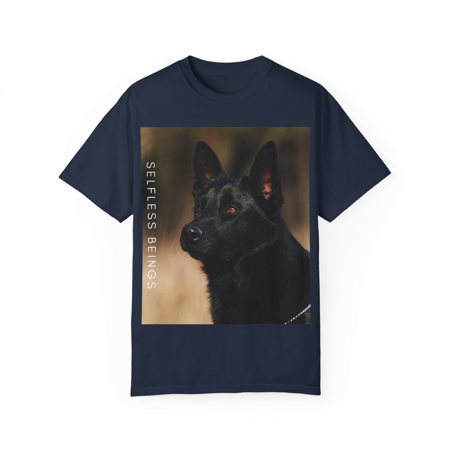 Unisex Dog Lover T-Shirt With Close Up of Serious Looking Solid Black German Shepherd and Caption Selfless Beings