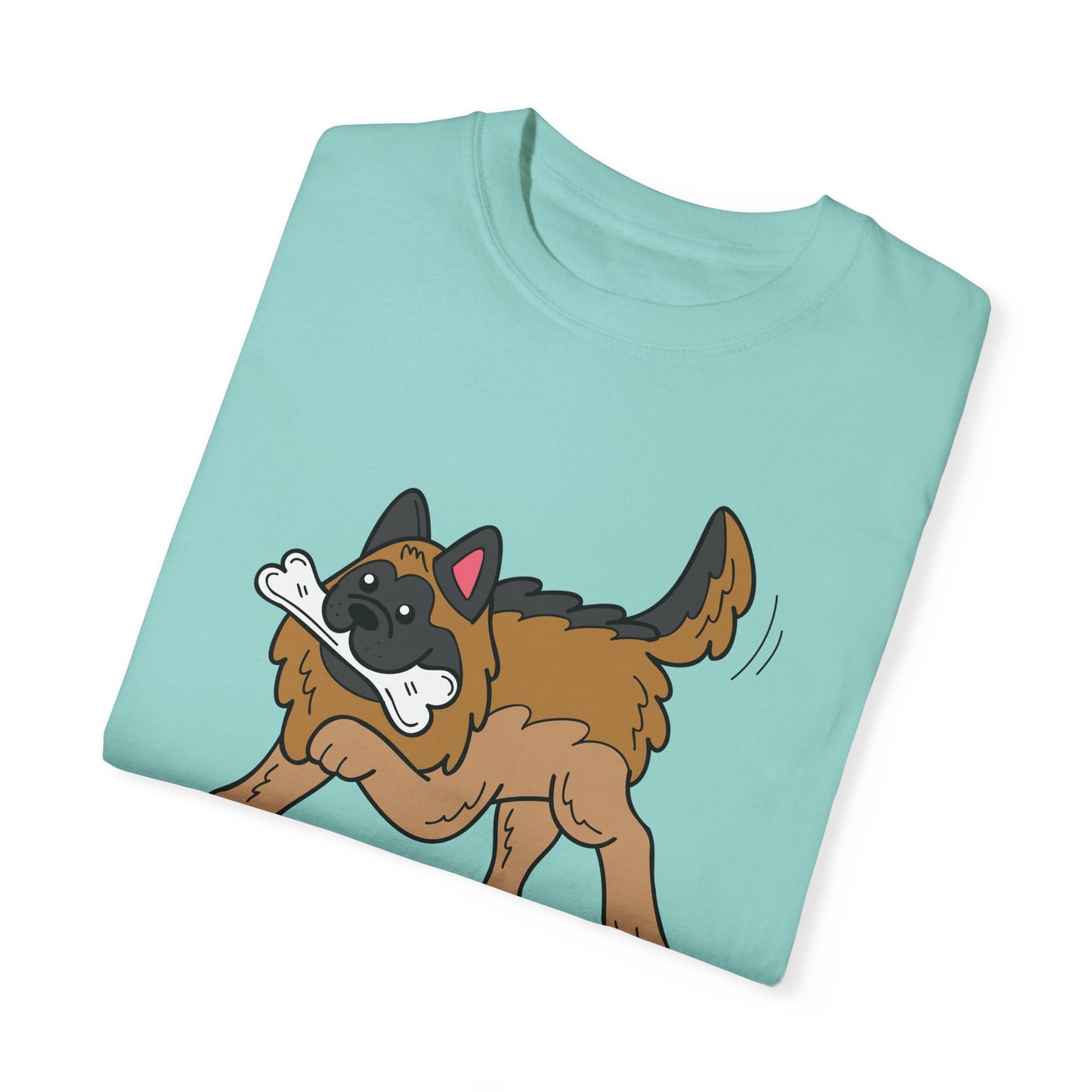 Unisex Dog Lover T-Shirt With a Graphic of a German Shepherd Holding a White Bone in Mouth