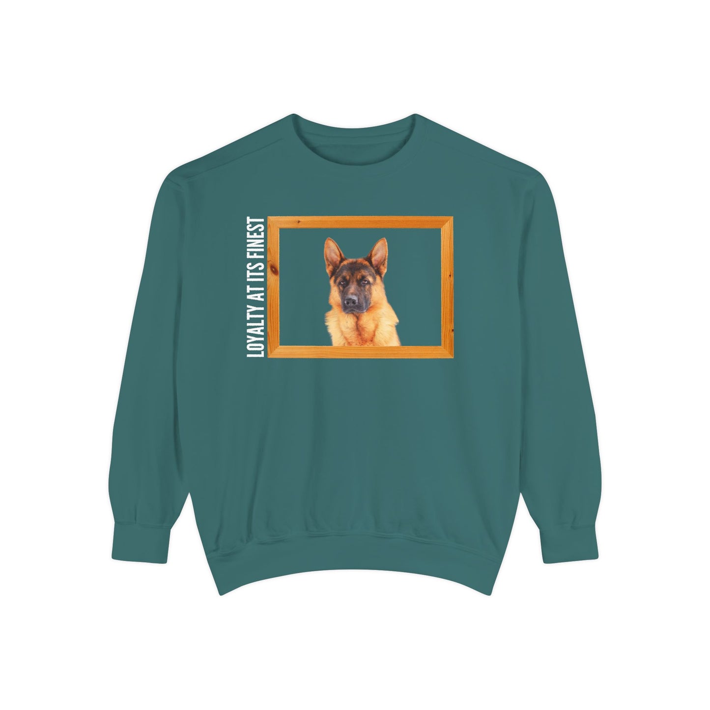 Unisex Dog Lover Sweatshirt With a German Shepherd's Head Inside a Wooden Frame and Caption Loyalty at Its Finest