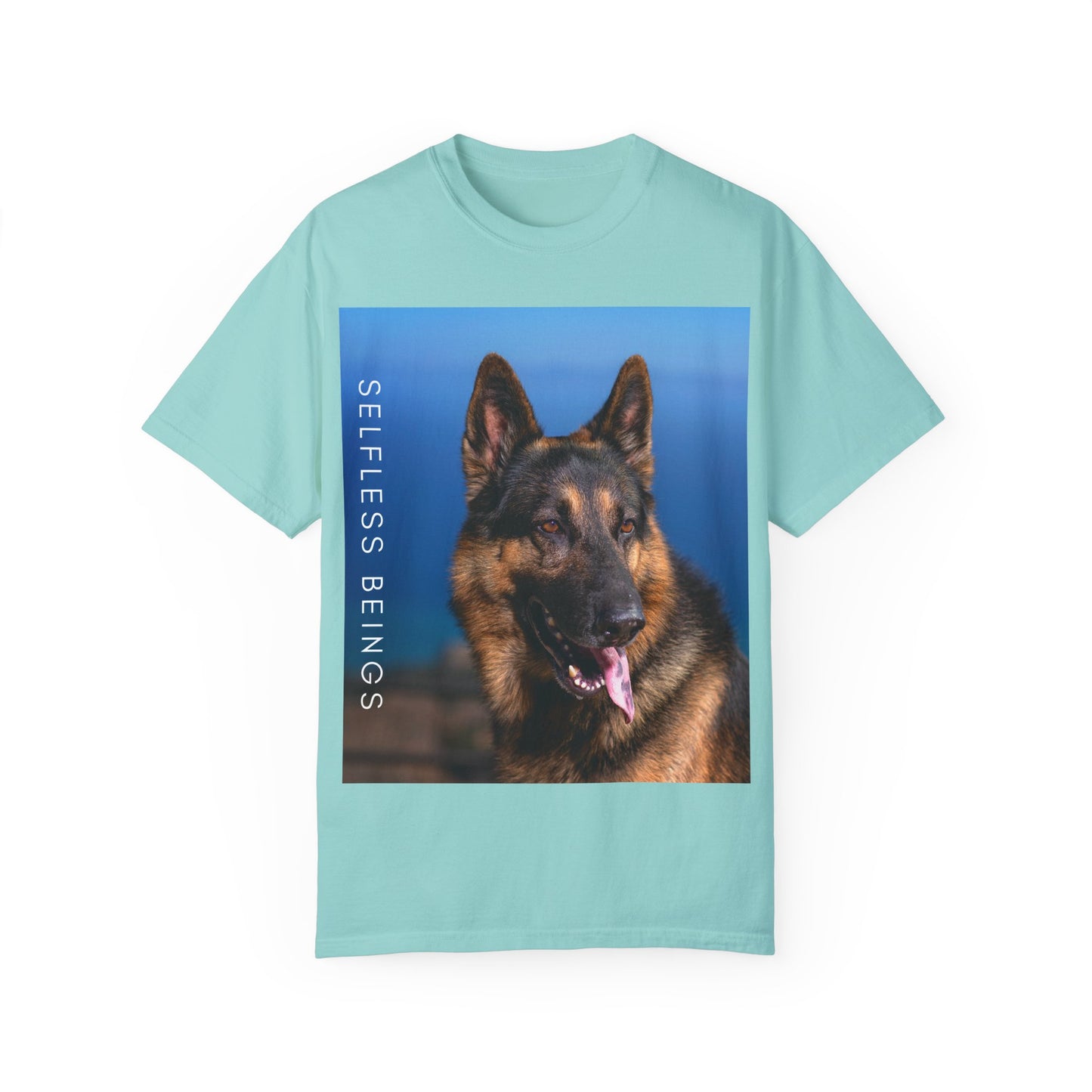 Unisex Dog Lover T-Shirt With Close Up of German Shepherd, Blue Sea in the Background and Caption Selfless Beings