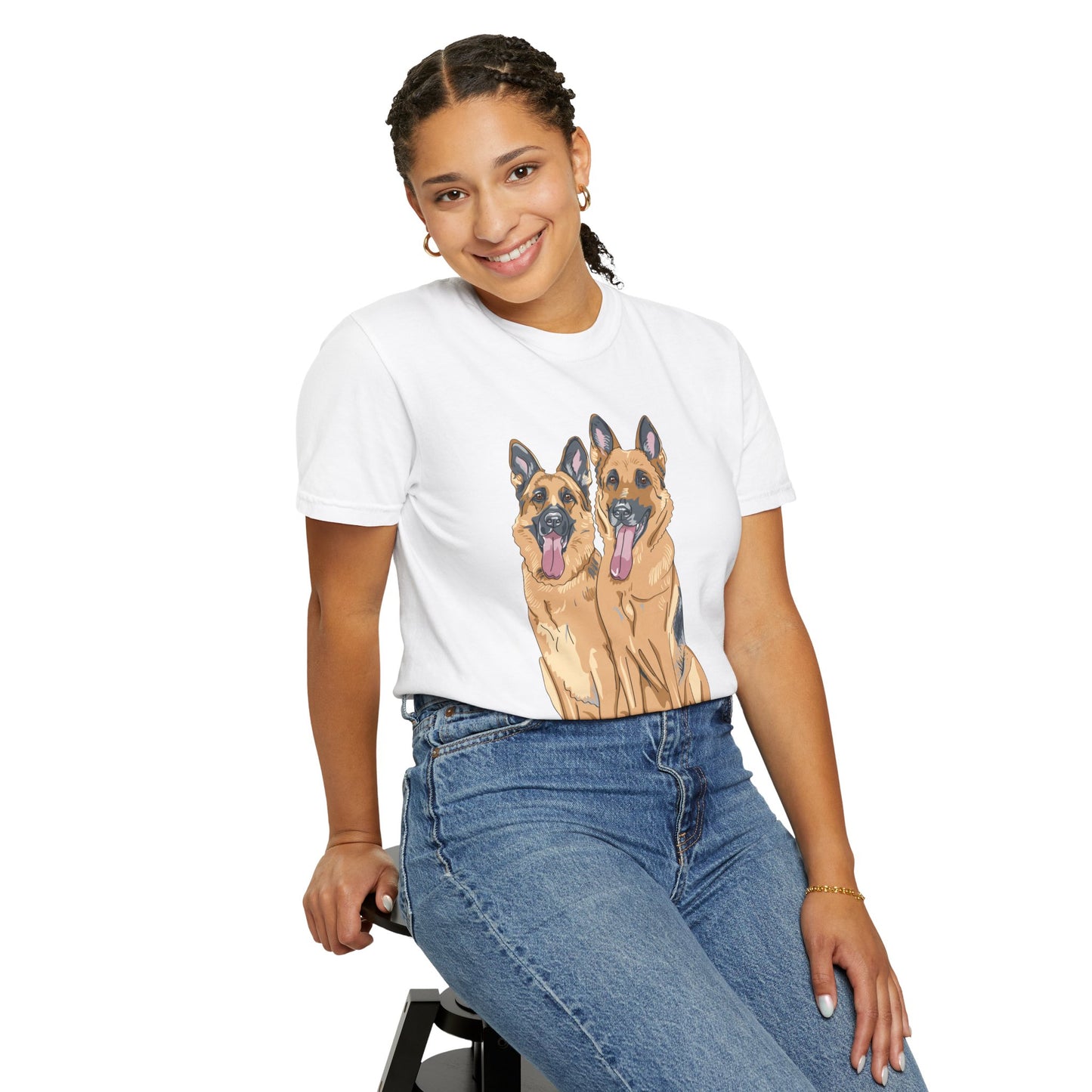 Unisex T-Shirt With Graphic of Two German Shepherds Sloppily Sitting Leaving Tongue Out