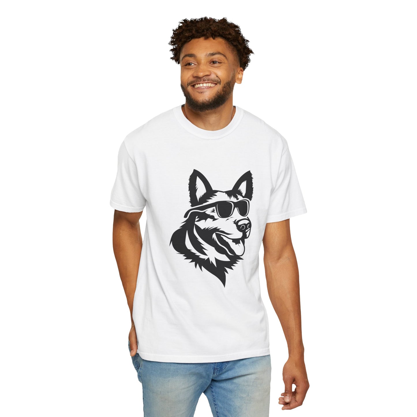 Unisex Dog Lover T-Shirt With a Graphic of Close Up Faced German Shepherd Wearing Black Glasses