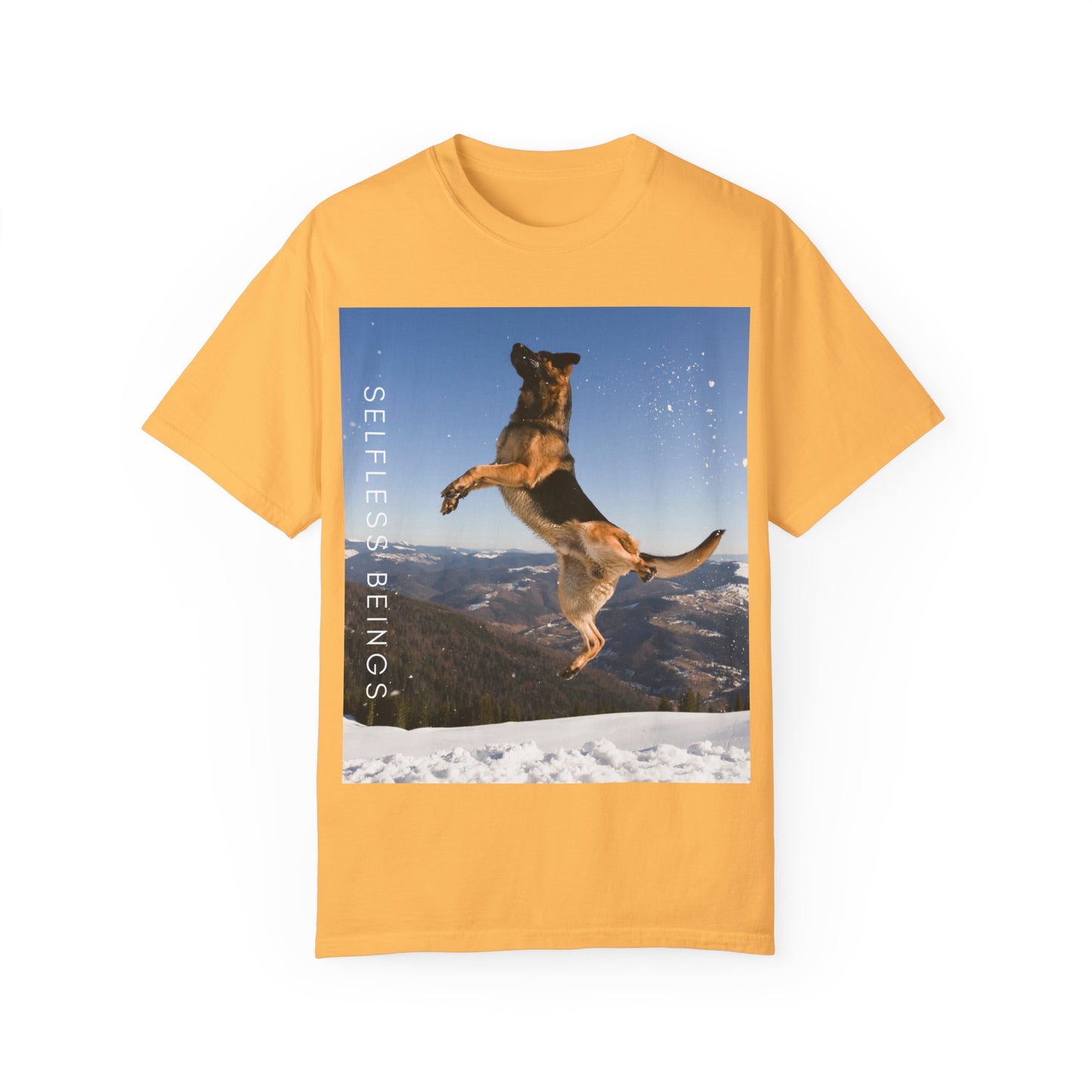 Unisex Dog Lover T-Shirt With a German Shepherd in the Air on Top of Snow Mountain and Caption Selfless Beings