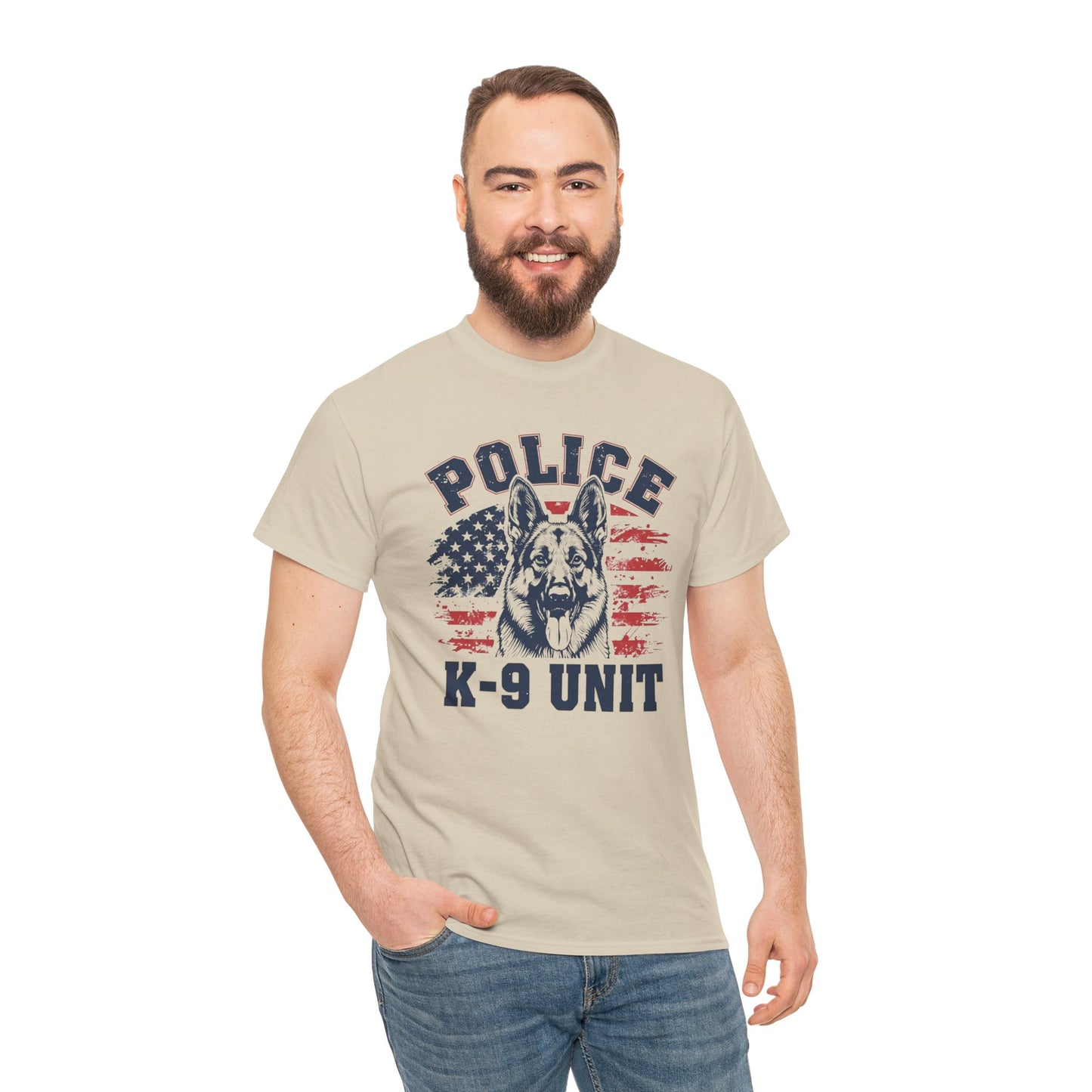 Patriotic Police K-9 Unit T-Shirt With American Flag in Background, Unisex Heavy Cotton Tee