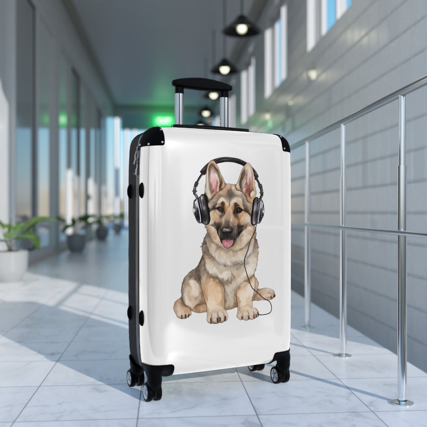 Travel Suitcase Featuring Graphic of German Shepherd Wearing Headphones Enjoying Music