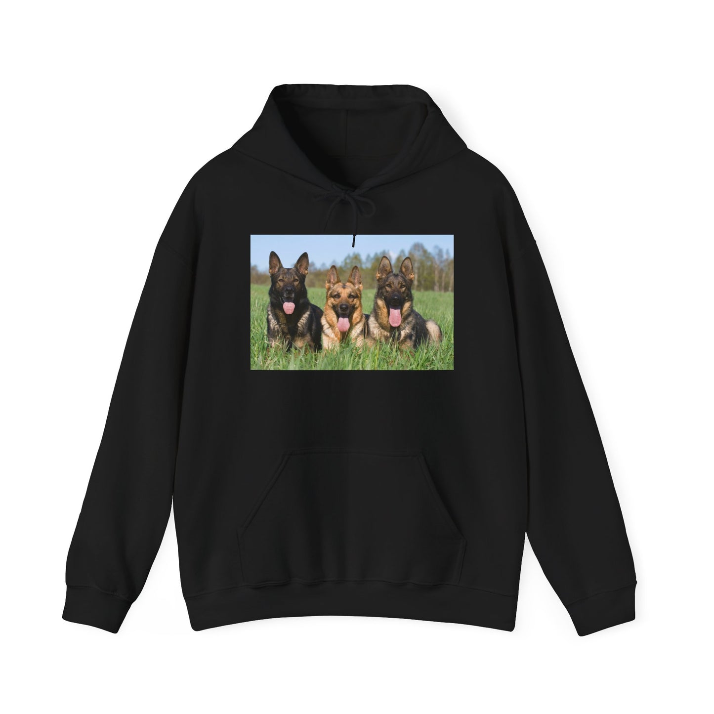 A Dog Lover Hoodie With Three Giant German Shepherds Lying on The Grass Leaving Tongues Out