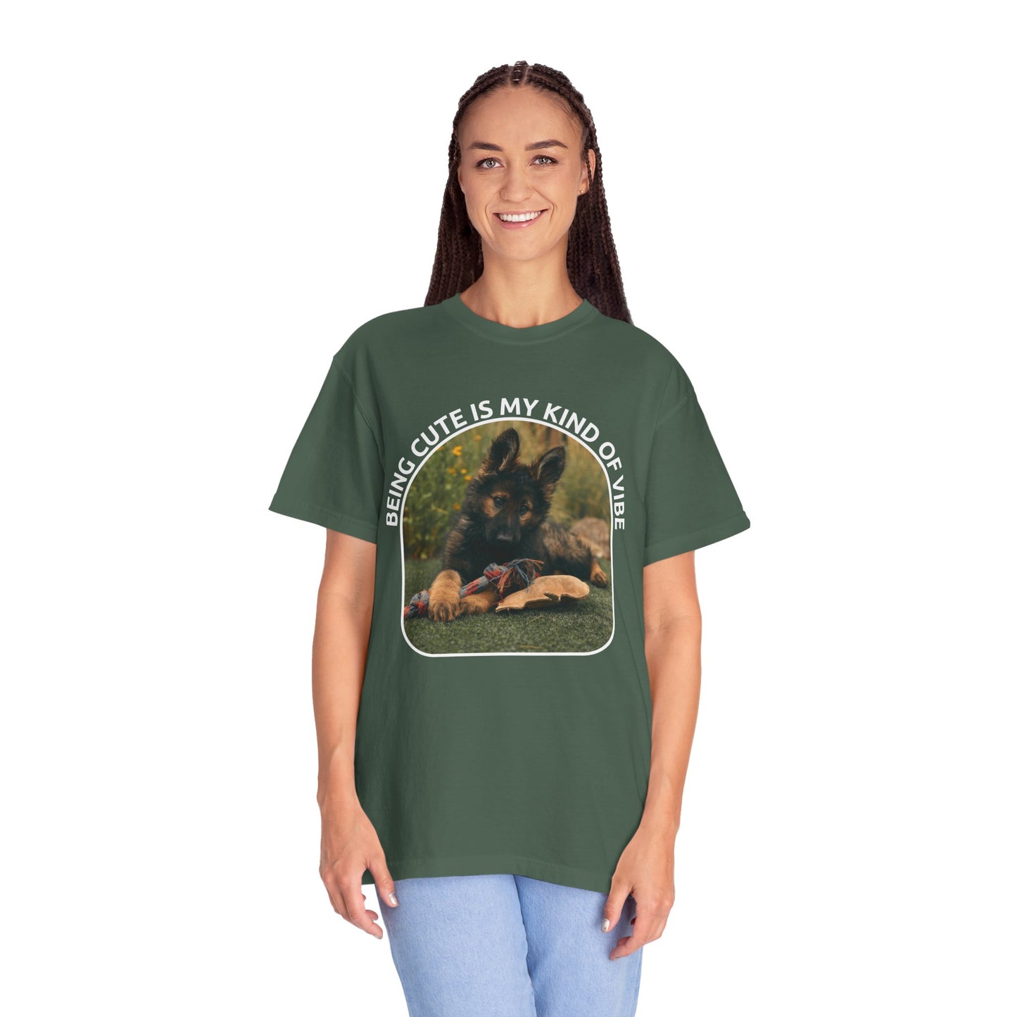 Unisex Dog Lover's T-Shirt With a German Shepherd Puppy and Caption Being Cute is My Kind of Vibe