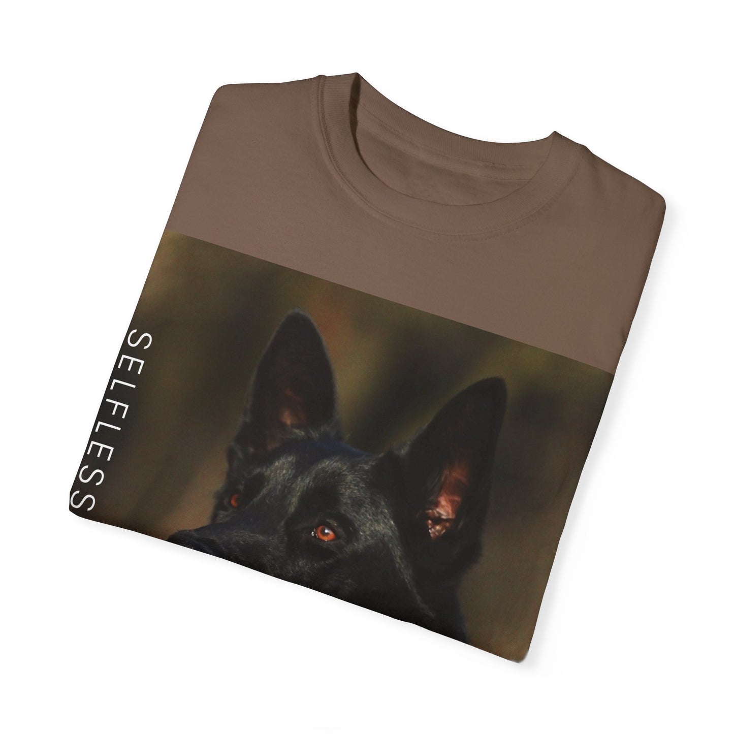 Unisex Dog Lover T-Shirt With Close Up of Serious Looking Solid Black German Shepherd and Caption Selfless Beings