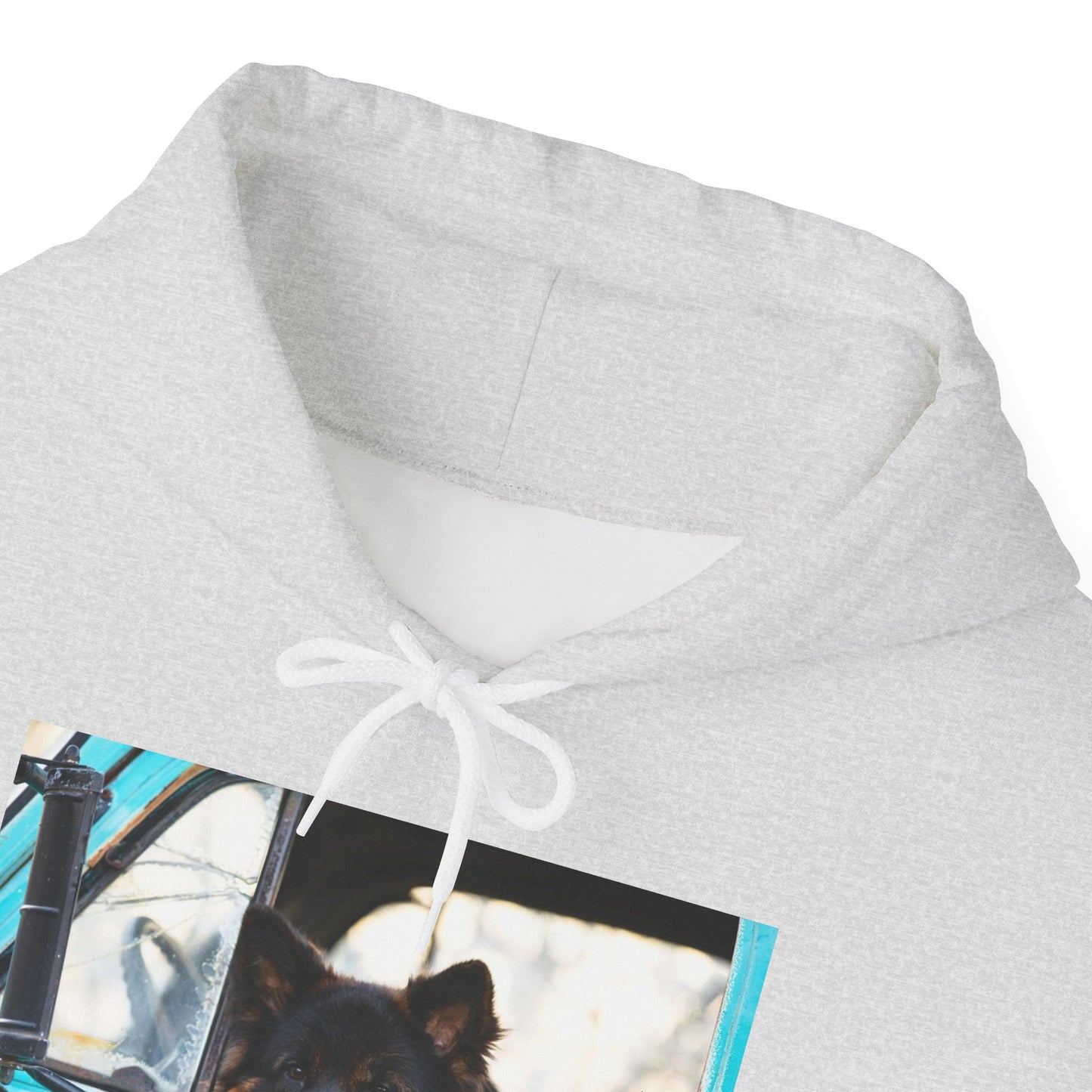Unisex Dog Lover Hoodie With German Shepherd Puppy Putting His Head and Front Legs On The Truck Seat's Window