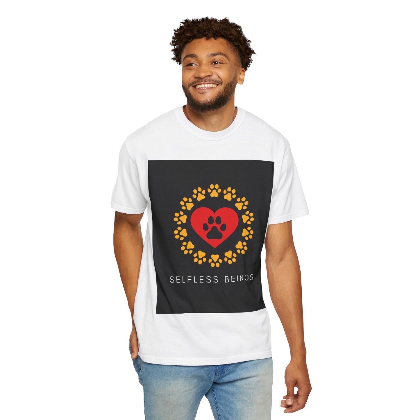 Unisex Dog Lover T-Shirt With Graphic of Yellow Paw Prints In Circle Contain Red Heart Which Contains Black Dog Paw Print Inside and Caption Selfless Beings