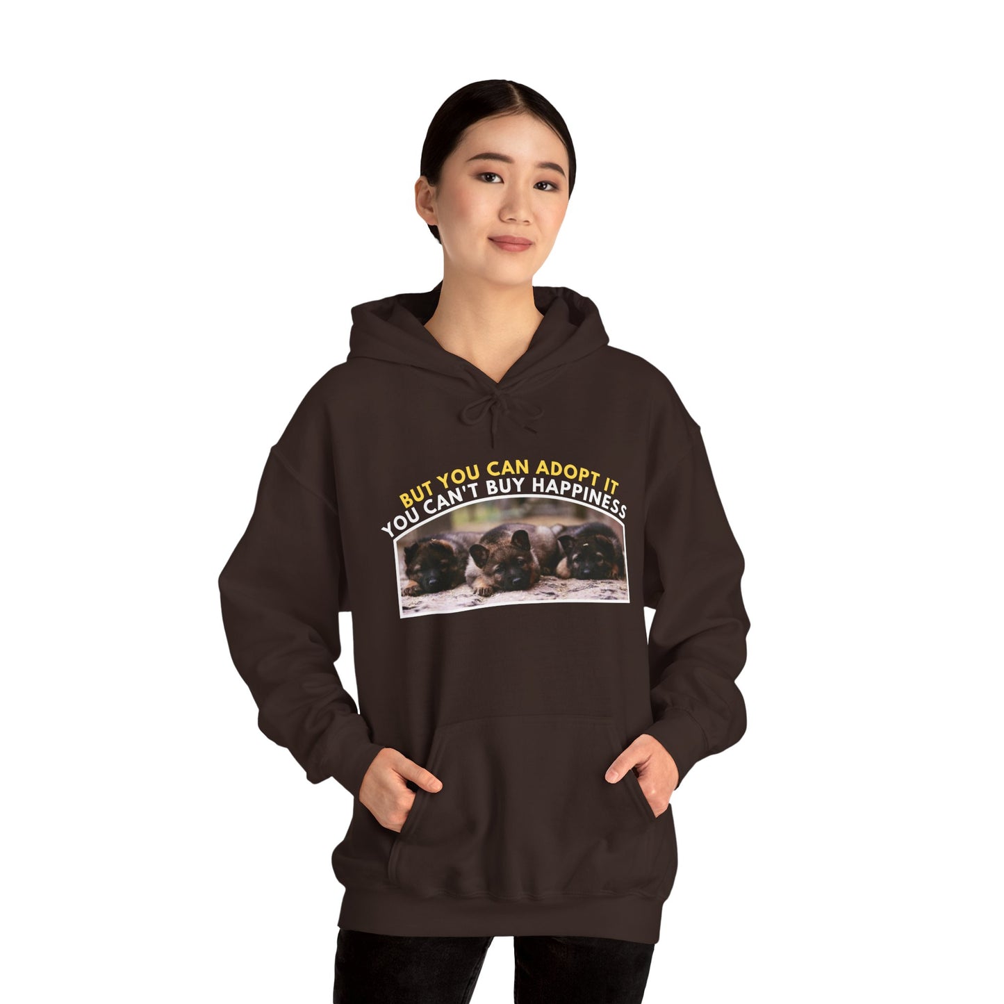Unisex Dog Lover Hoodie With Three Cute German Shepherd Puppies Sitting in a Row and Caption You Can't Buy Happiness But You Can Adopt It