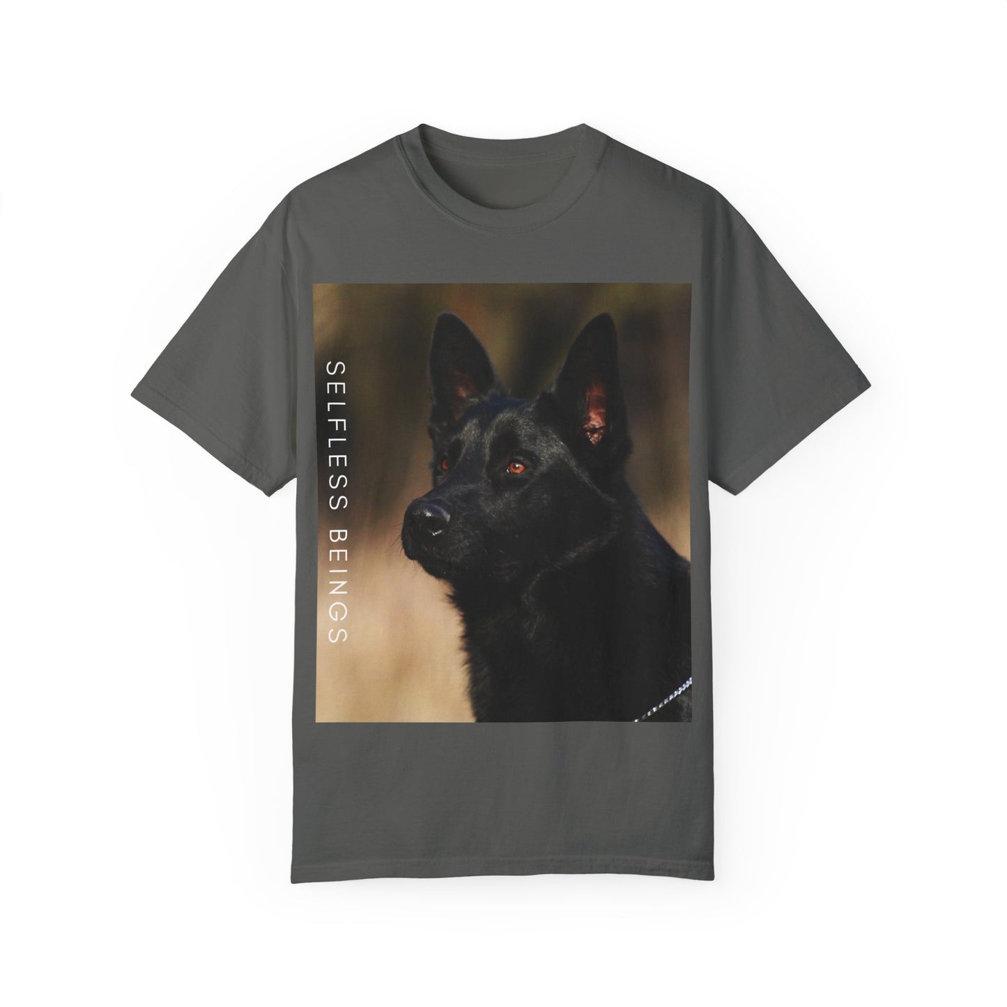 Unisex Dog Lover T-Shirt With Close Up of Serious Looking Solid Black German Shepherd and Caption Selfless Beings