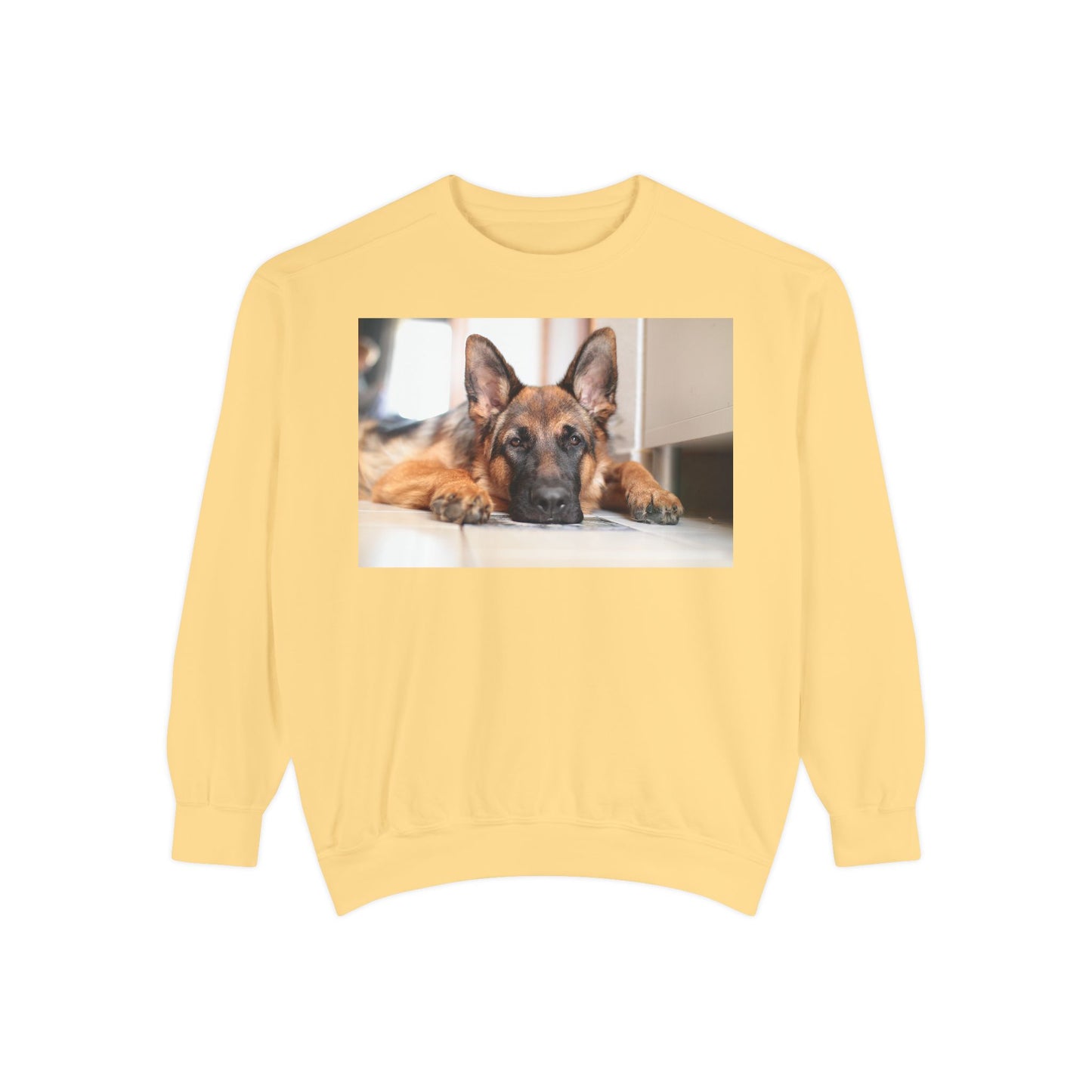 Unisex Dog Lover Sweatshirt With a German Shepherd Lying His Head on the Floor