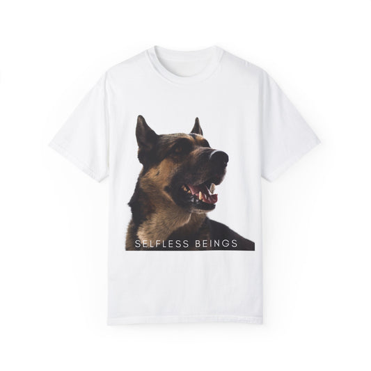 Unisex Dog Lover T-Shirt With Close Up of Large German Shepherd Turning His Face and Caption Selfless Beings
