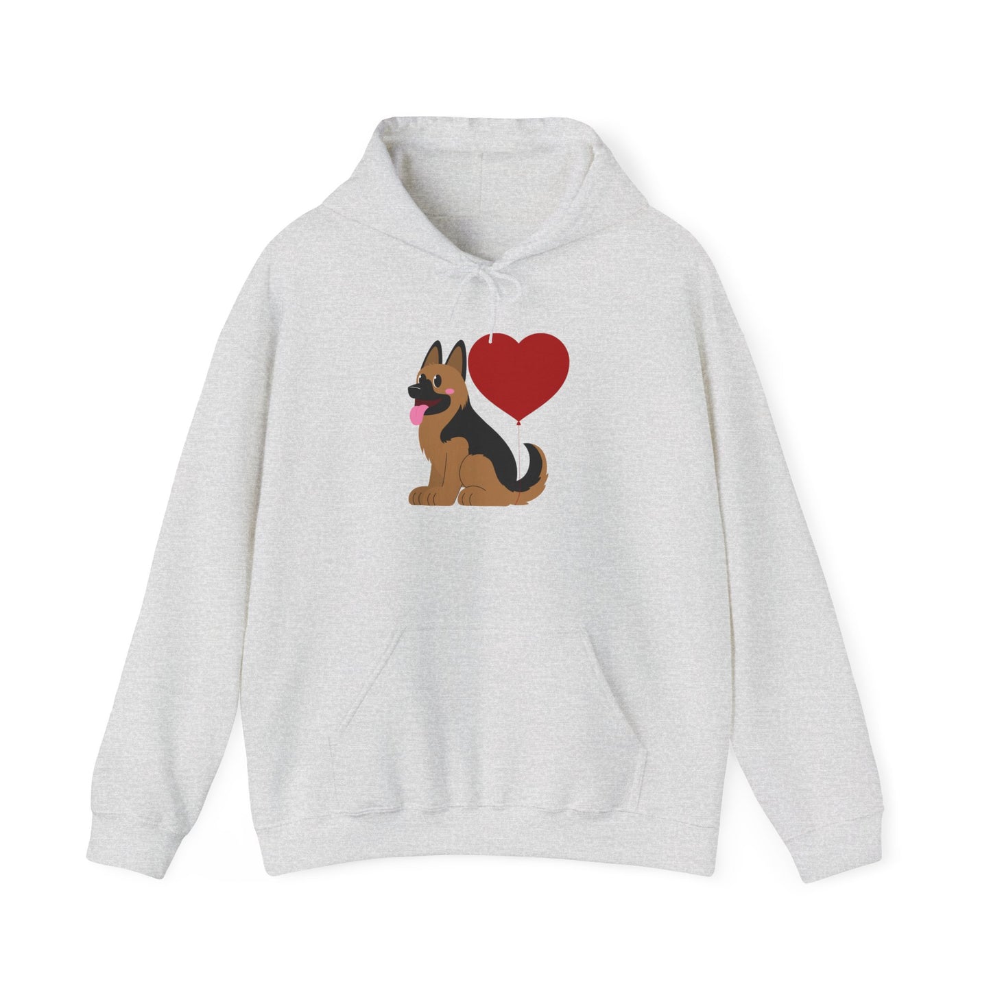 Unisex Dog Lover Hoodie With a Graphic of German Shepherd Puppy and Heart Shaped Balloon Attached With Tail