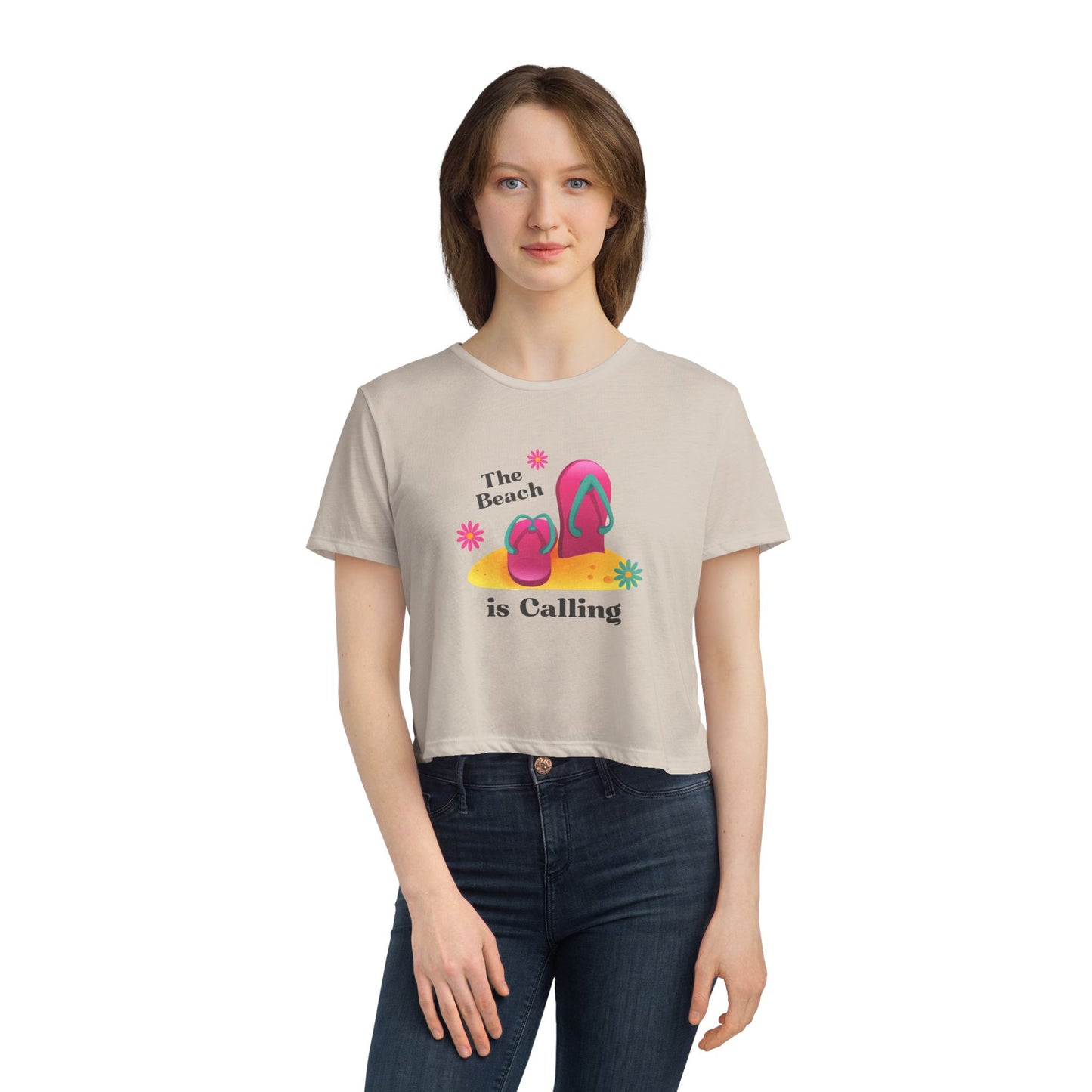 Beach Vibes Flowy Cropped Tee - The Beach is Calling, Summer Shirt, Women's Tee, Vacation Top, Beach Lover Gift, Relaxing Daywear