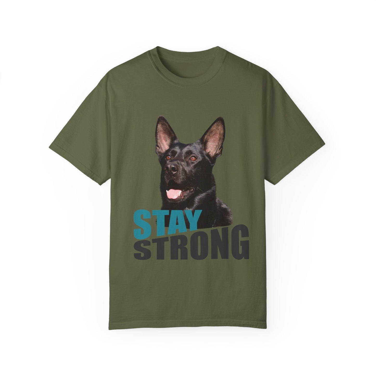 Unisex Dog Lover T-Shirt With Solid Black Working Line German Shepherd Mouth Opened and Caption Stay Strong