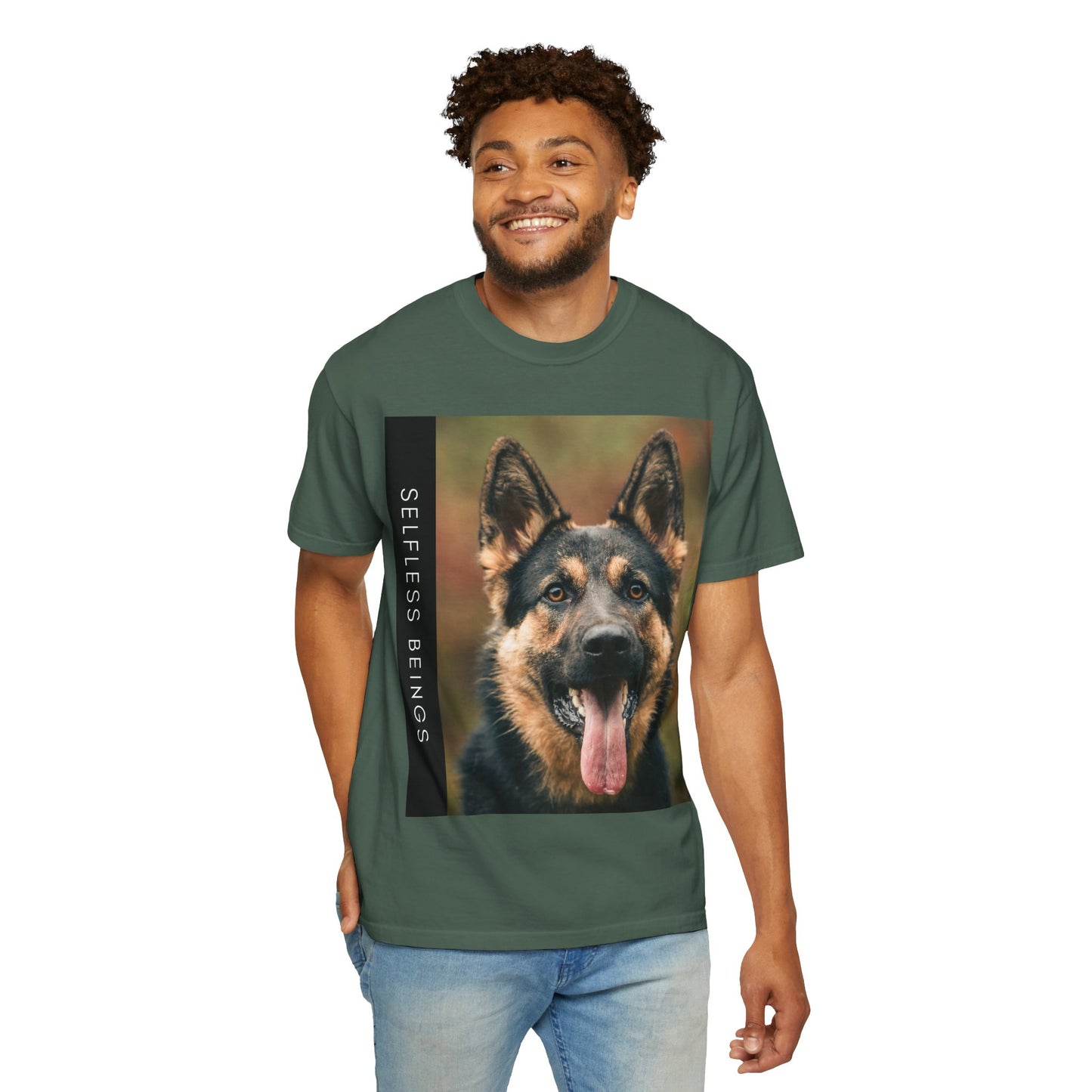 Unisex Dog Lover T-Shirt With Close Up of German Shepherd Leaving His Tongue Out and Caption Selfless Beings